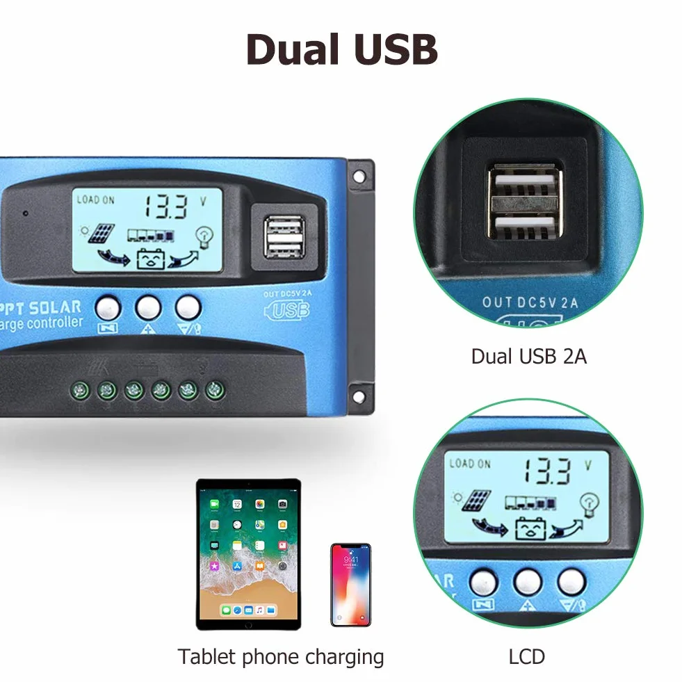SolaMr 40A Solar Charge Controller 12V/24V Solar Panel Battery Charge Regulator z wyświetlaczem LCD i podwójnym portem USB - 40A