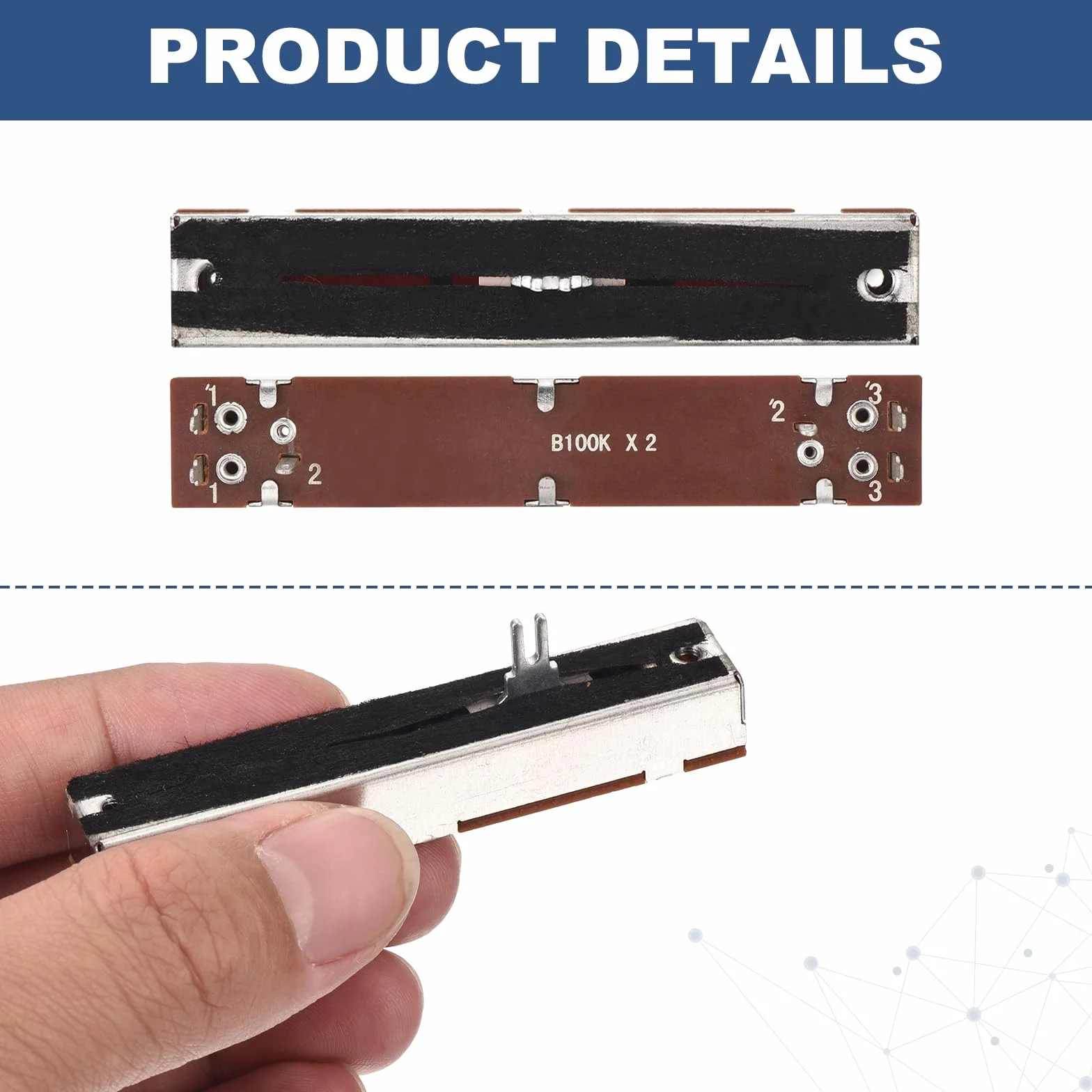 QUARKZMAN 2 sztuki prosty podwójny liniowy suwak potencjometr 6 pin B100Kx2 60 mm (dł.) 45 mm skok 4 x 10 mm uchwyt Fader zmienne rezystory mikser potencjometr elektroniczny do ściemniania