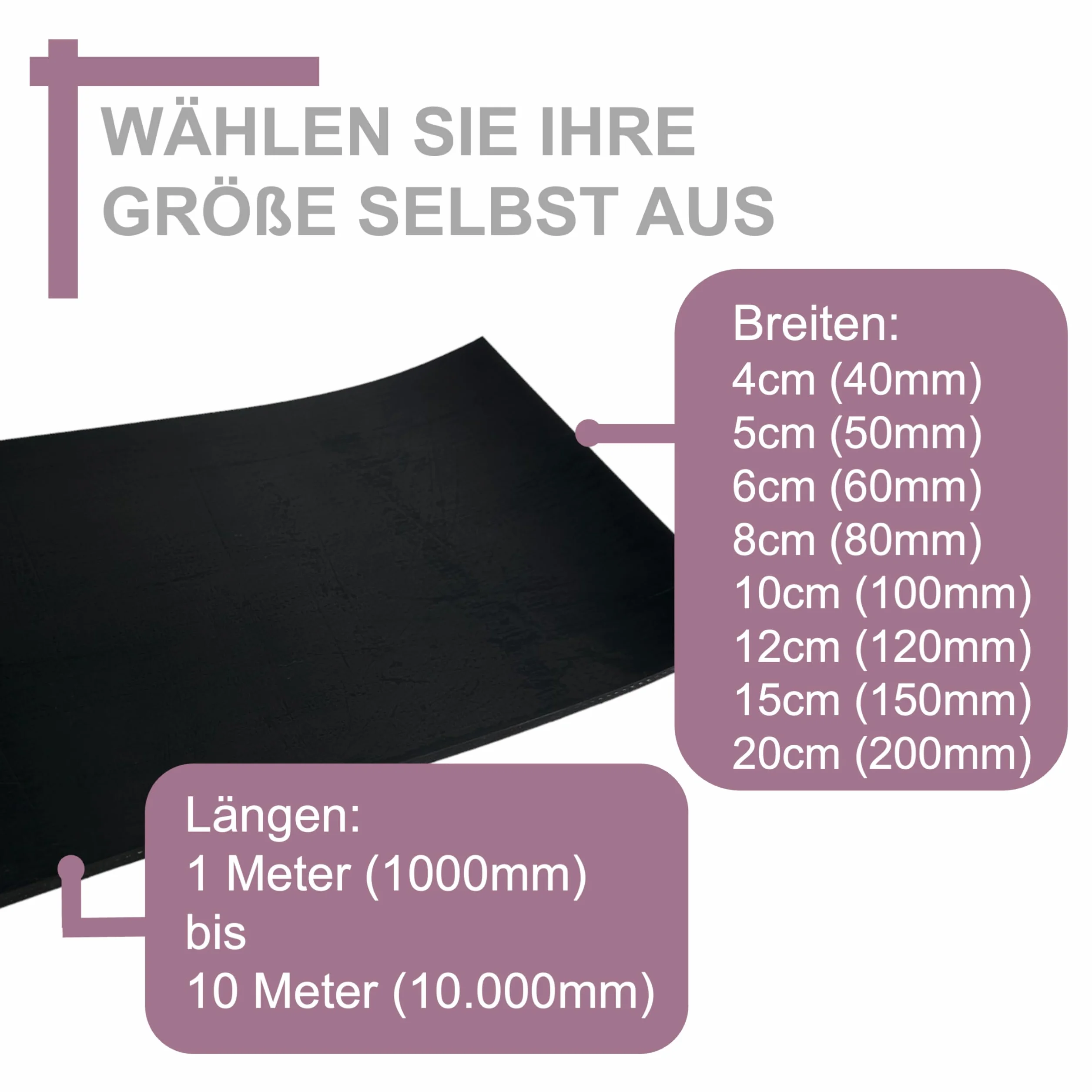 Paski gumowe z wkładką z tkaniny 10 m, grubość 3-10 mm, twarda guma lita 10x10 cm