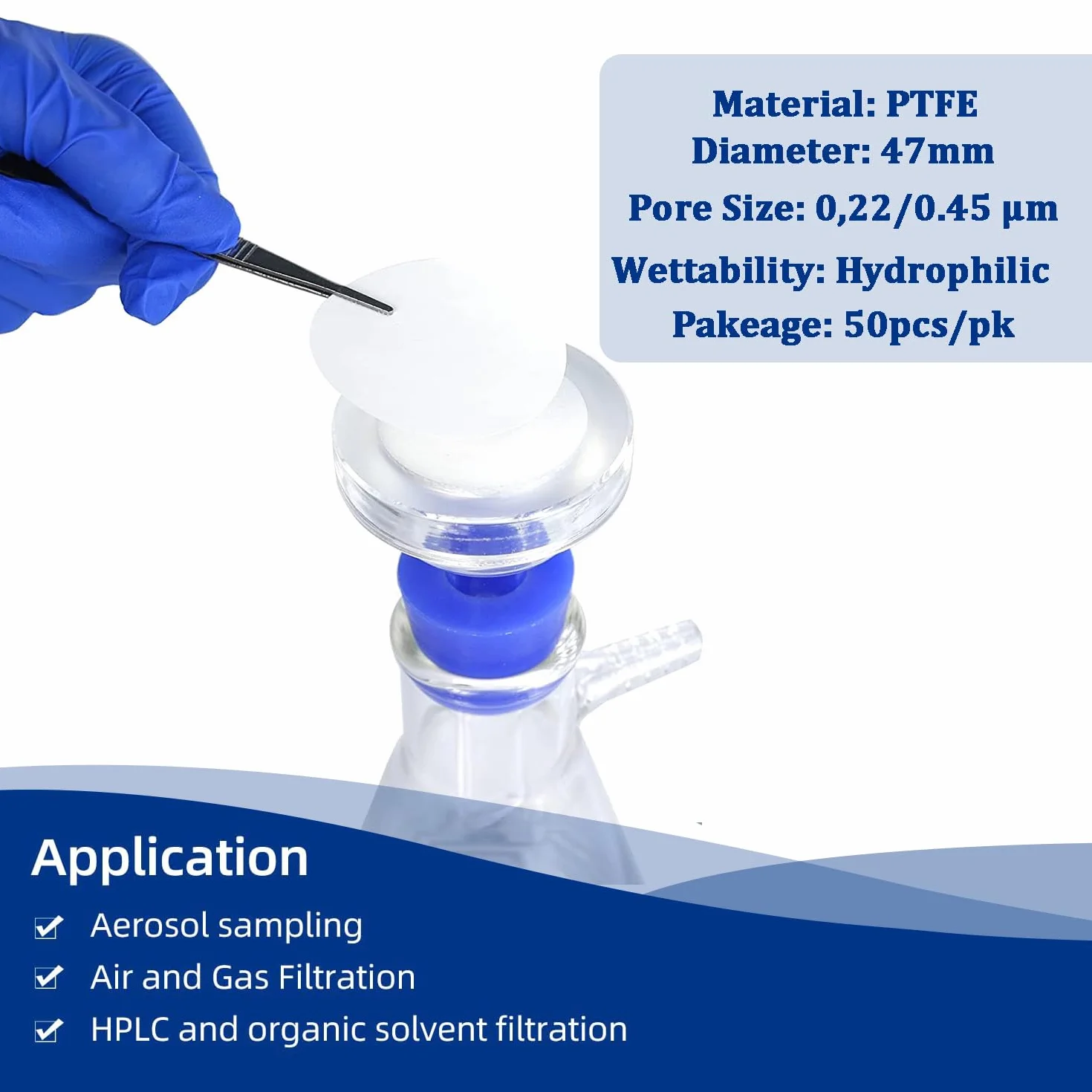 Filtr membranowy PTFE hydrofilowy średnica 47 mm rozmiar porów 0,22 µm opakowanie 50 sztuk