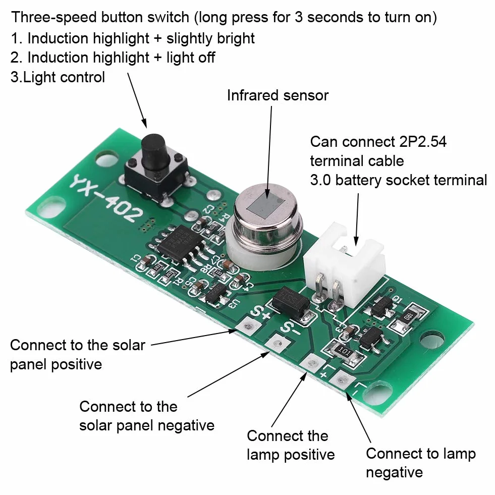 Płytka Obwodu Lampy Słonecznej z Czujnikiem PIR 3.7V/3.2V Zasięg Wykrywania 2-5m Automatyczne Włączanie