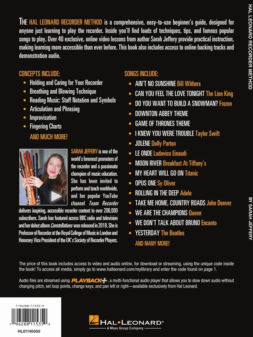 Hal Leonard Recorder Method by Sarah Jeffery - Book with 200+ Audio Demo & Backing Tracks & 40+ Video Lessons Included