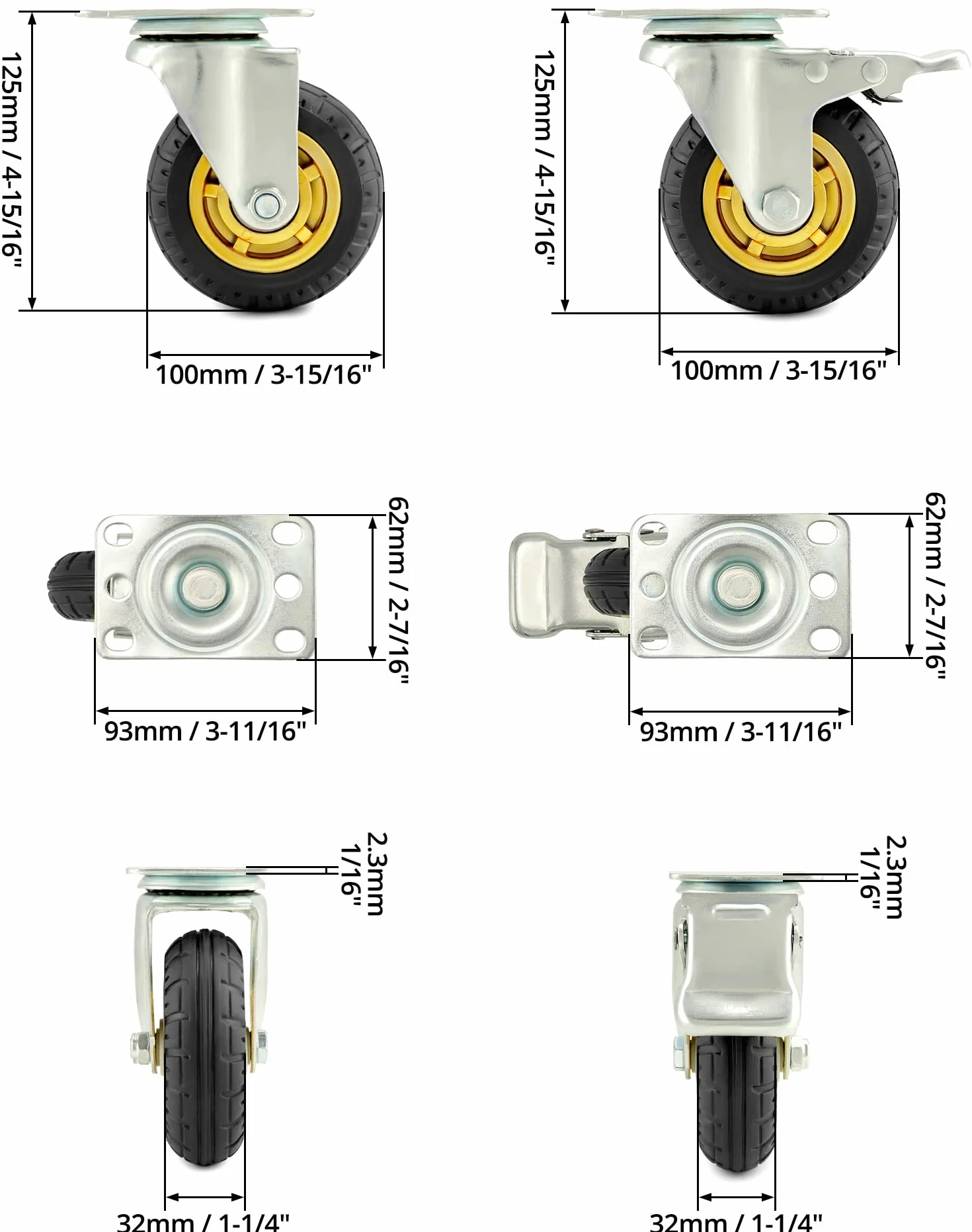QWORK 4 sztuki kółek do dużych obciążeń 100mm 70 kg kółka skrętne z amortyzacją do transportu mebli