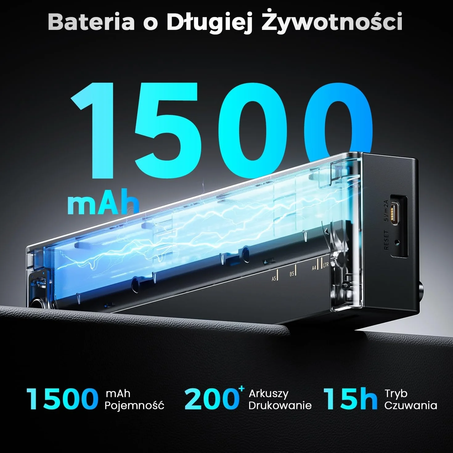Drukarka Termiczna A4, Przenośna Drukarka Waży Tylko 585g, 300DPI Ostre Drukowanie & 1500mAh Długa Bateria, Bluetooth Kompatybilny z iOS i Android, Bezprzewodowa Drukarka Bez Tuszu dla Biura w Podróży