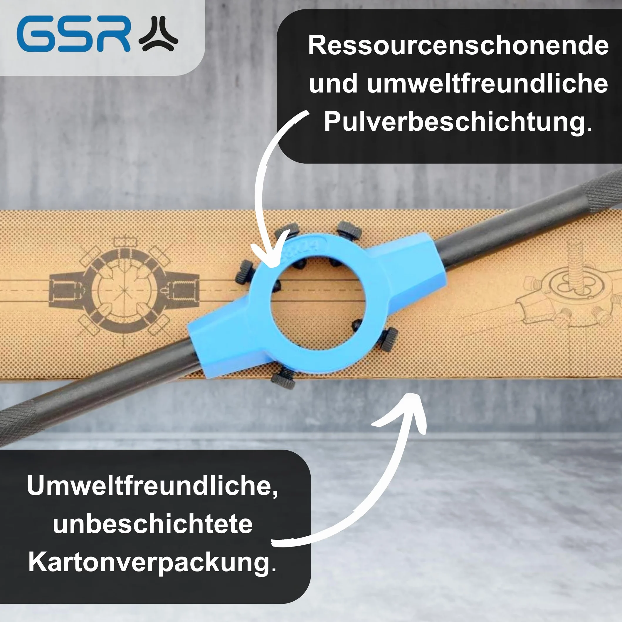 GSR Srebrny uchwyt do narzynki (65 x 18) DIN EN 22568 (DIN 223), cynkowy odlew ciśnieniowy, radełkowanie uchwytów dla lepszej przyczepności, mocowanie okrągłych narzynek, narzędzie przytrzymujące