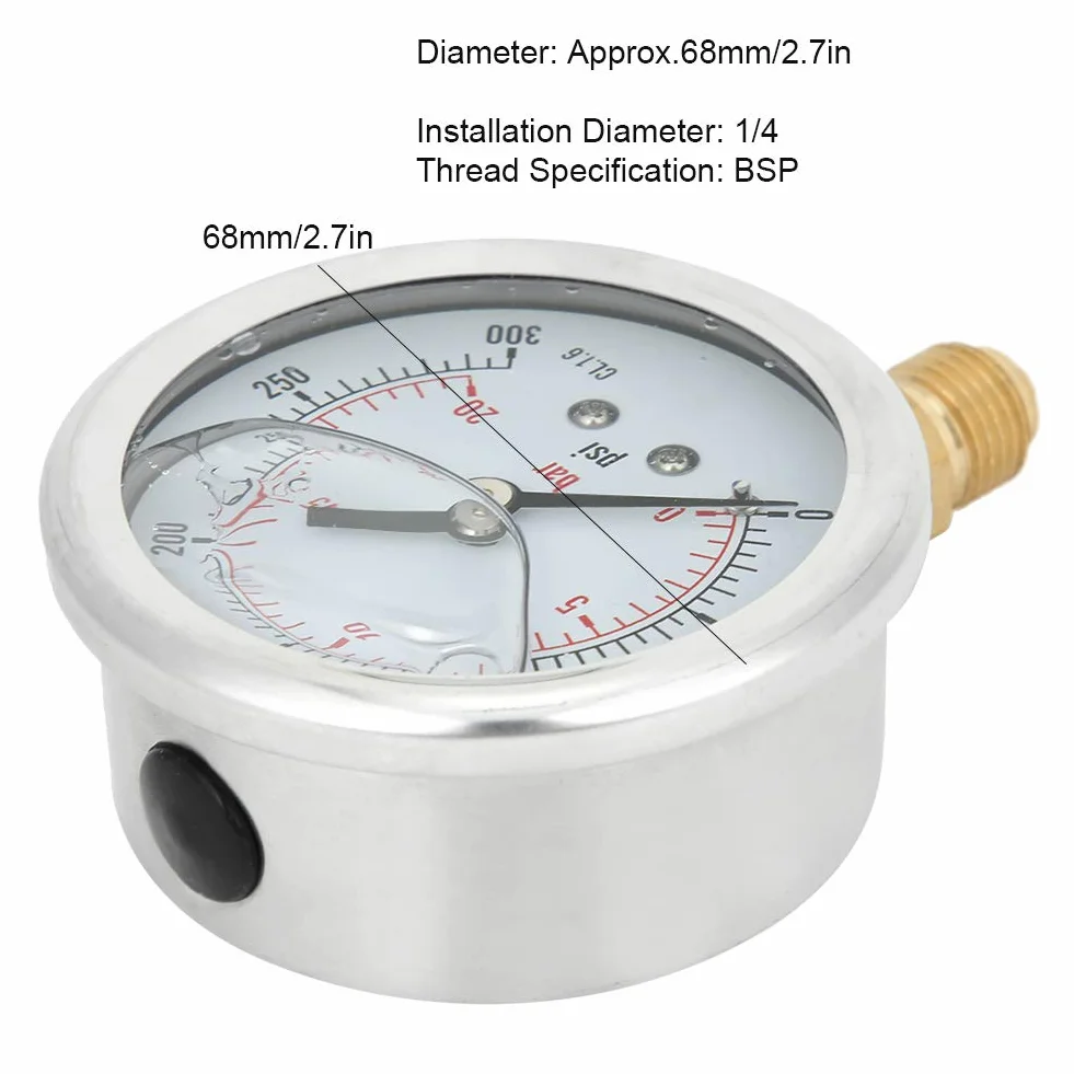 Oumefar TS-PGG604-20bar manometr wypełniony olejem mosiądz 1 / 4BSP Y60 Anti-Aging wysoka precyzja dla górnictwa o zakresie 0-20 bar, 0-300 psi dla przemysłu