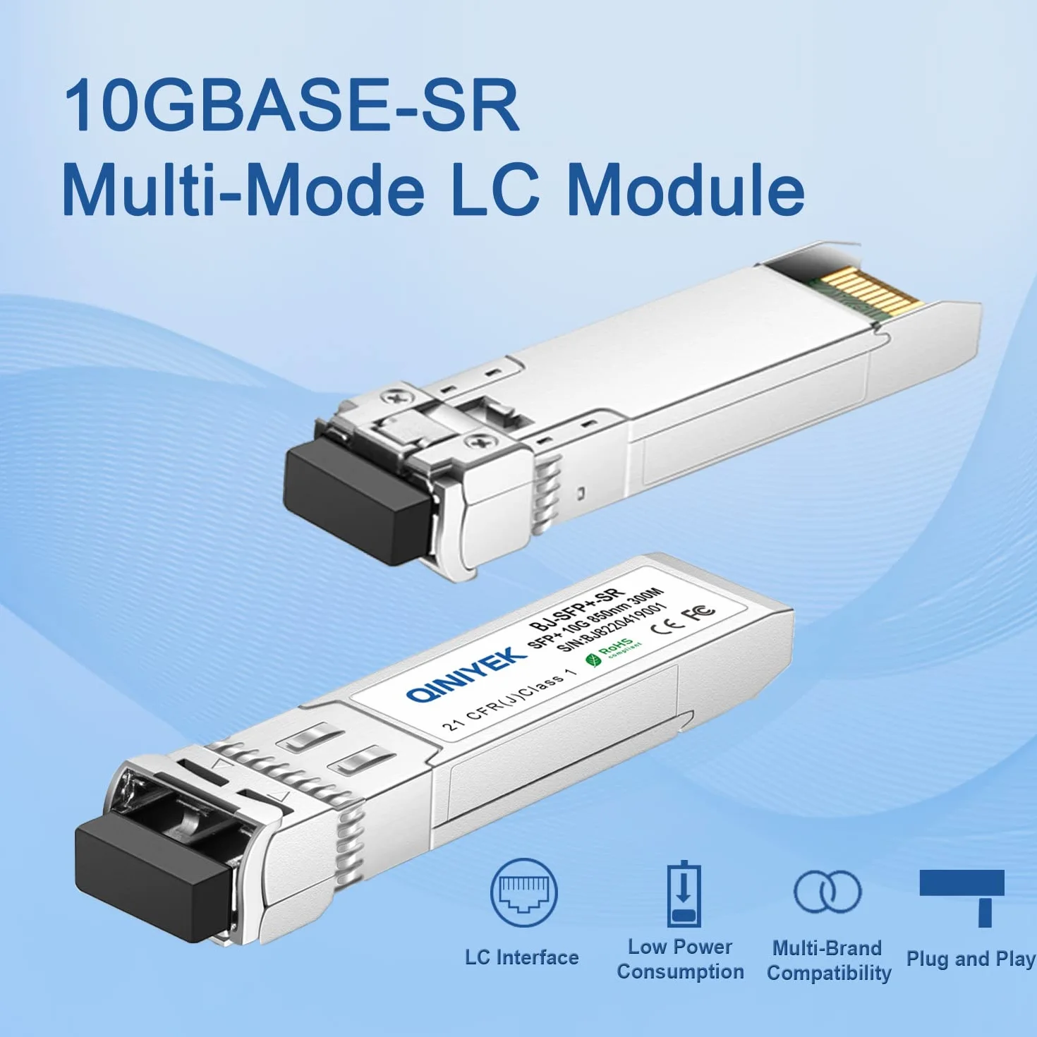 QINIYEK 10GBase-SR SFP+ Módulo LC SFP+ Multimodo 10G, 850 nm, 300 m, Compatible con Cisco, Ubiquiti, Fortinet, Mikrotik, Supermicro (Paquete de 2)