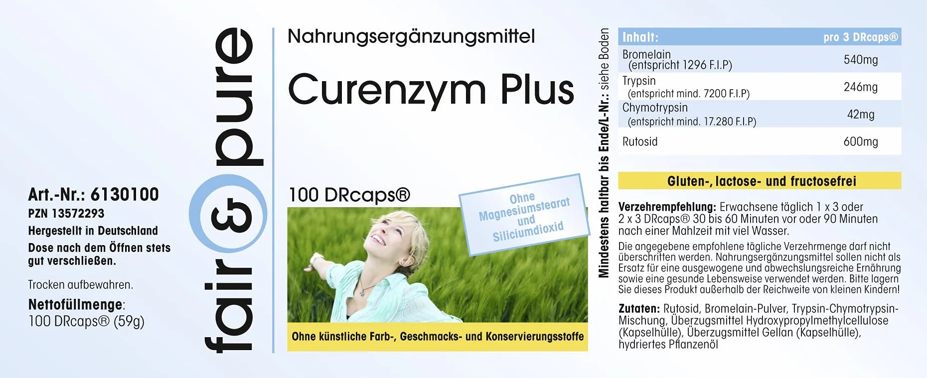 Curenzym Plus - kompleks enzymatyczny o opóźnionym uwalnianiu - bez stearynianu magnezu - 100 kapsułek DRCaps - zawiera bromelinę - trypsynę - chymotrypsynę i rutozyd (rutynę)