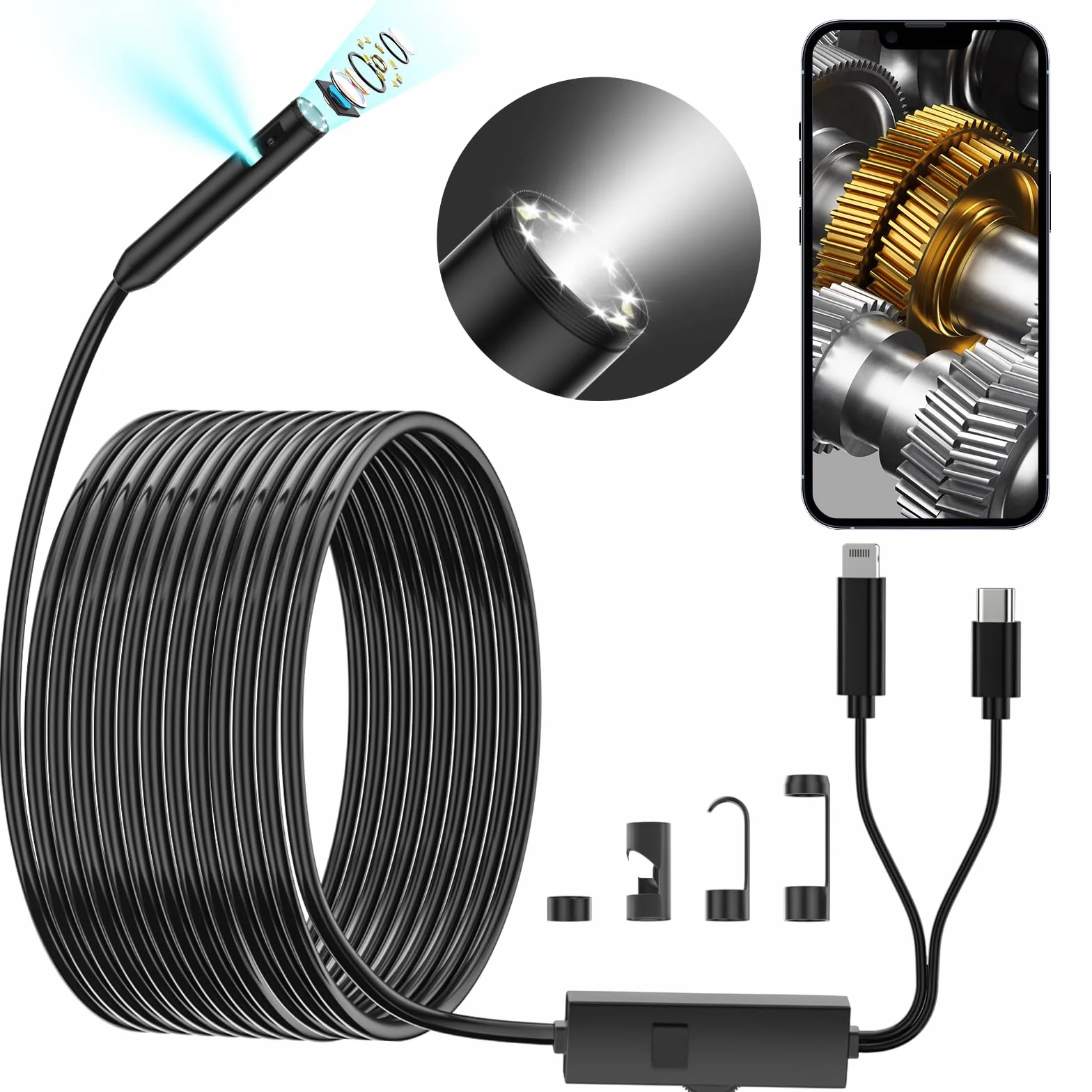 Kamera endoskopowa z dwoma obiektywami,Kamera endoskopowa1920P Obiektyw 7,9mm Kamera endoskopowa 8+1 diod LED,IP67 Wodoodporny,Obrót o 360 stopni Kompatybilny z iPhone/Android, kabel 5M
