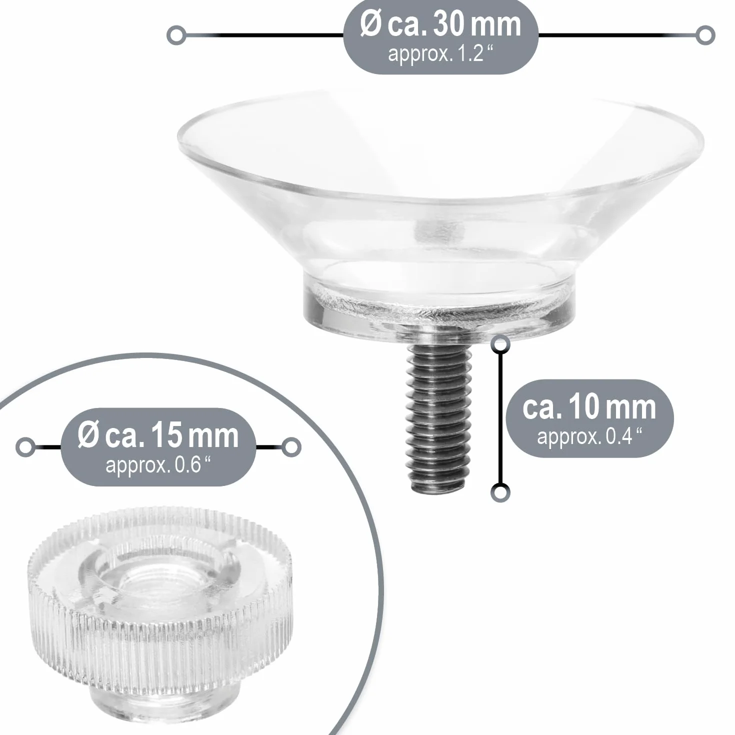 COM-FOUR® Przyssawki 8x z gwintem M4 - Ø 30 mm - Bardzo mocny uchwyt na gladkich powierzchniach - Przyssawka premium z przezroczysta nakretka radelkowana - Latwy montaz bez wiercenia