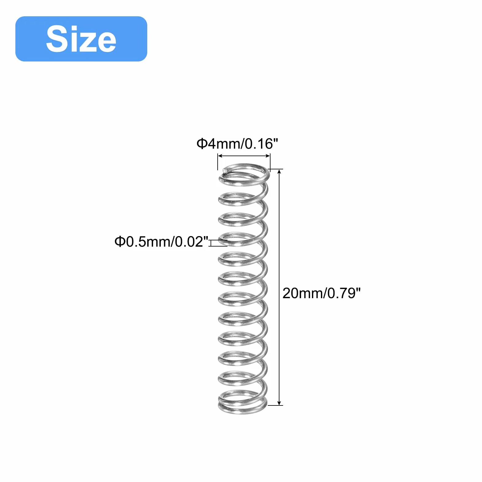 QUARKZMAN 5 szt. sprężyn dociskowych 304 stal szlachetna 4 mm AD 0,5 mm drut rozmiar 20 mm długość długość srebrny odcień