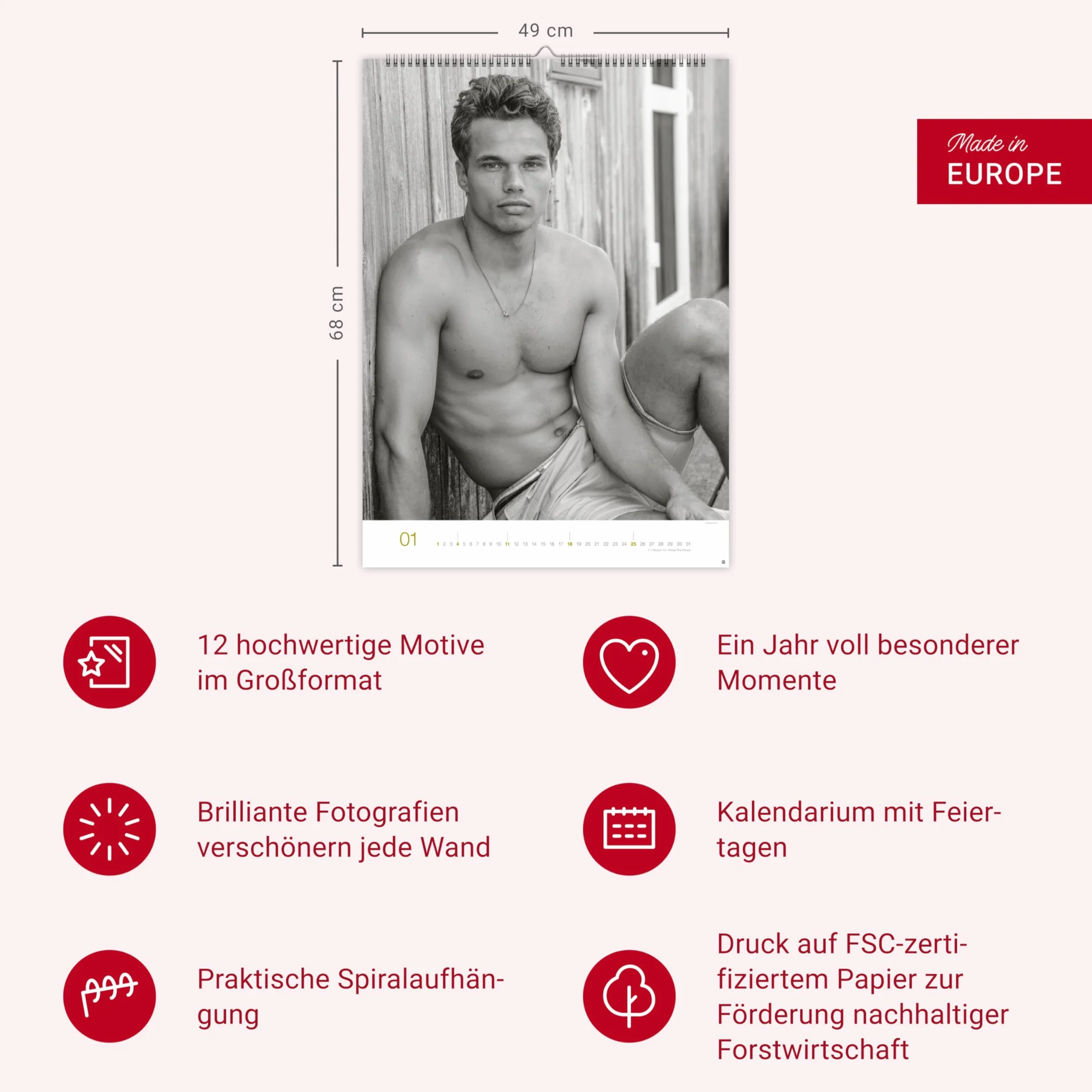 Männer Edition Kalender 2026: Jeden Monat ein sinnliches Schwarz-Weiß-Foto in einem Kalender im Großformat. Schöne Männer im Wandkalender XXL 2026. Hochformat 49 x 68 cm.