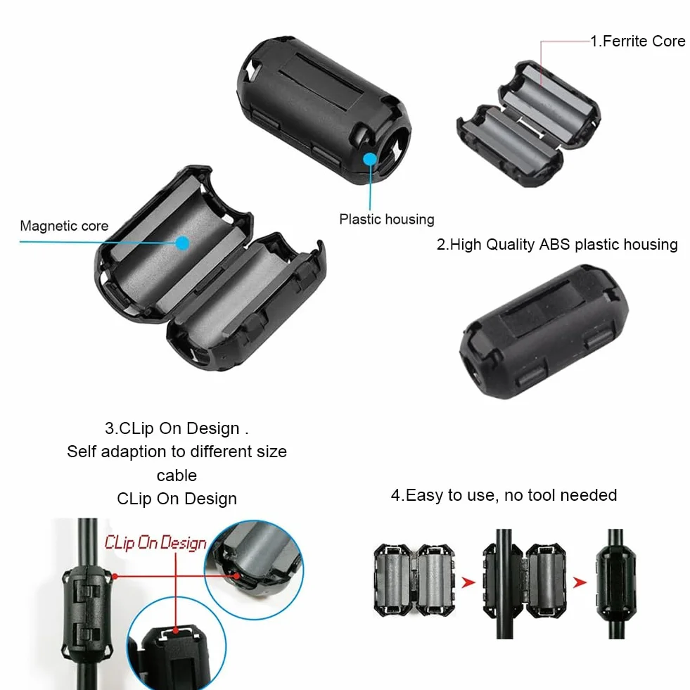 Ferryt Clip, ferryt z klipsem, pierścień ferrytowy, antypasożytniczy z klipsem, pierścień ferrytowy, klips do pierścienia ferrytowego, środek przeciwpasożytniczy, do kabli audio, radiowej sieci wideo,