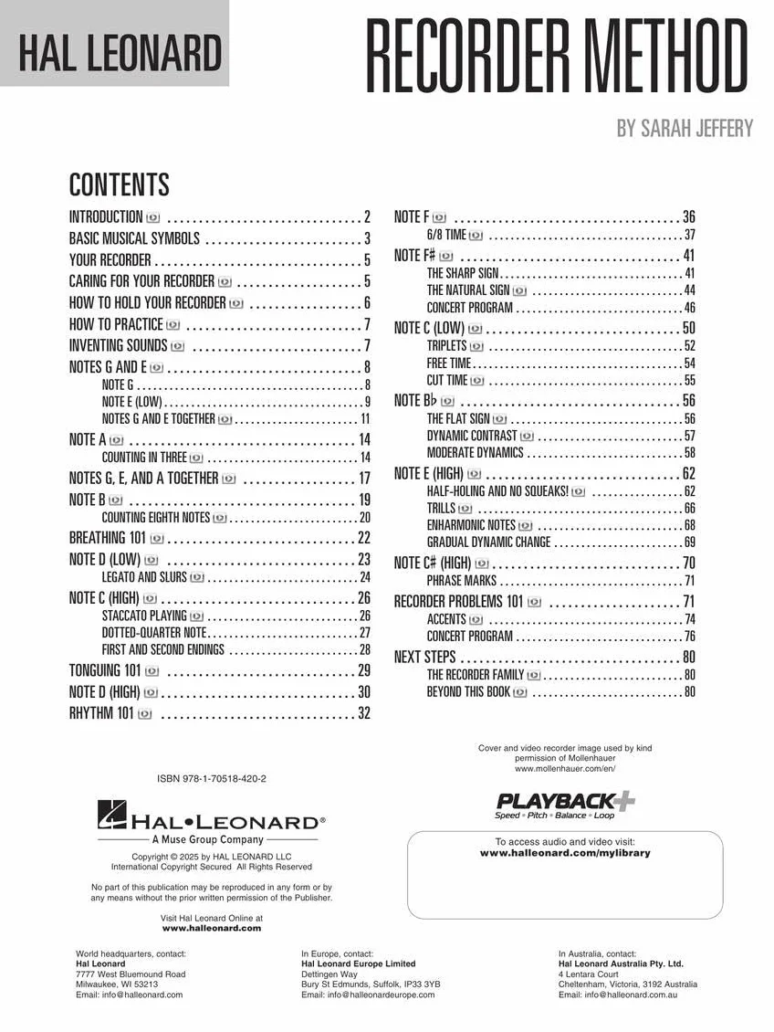 Hal Leonard Recorder Method by Sarah Jeffery - Book with 200+ Audio Demo & Backing Tracks & 40+ Video Lessons Included