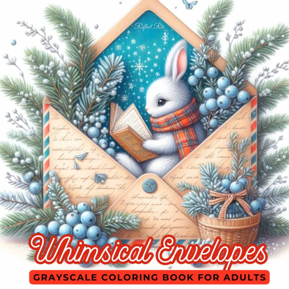 Whimsical Envelopes Coloring Book: Vintage Holiday Scenes & Adorable Animals in Festive Envelopes – A Cozy Grayscale Adult Coloring Book for Relaxation & Creativit