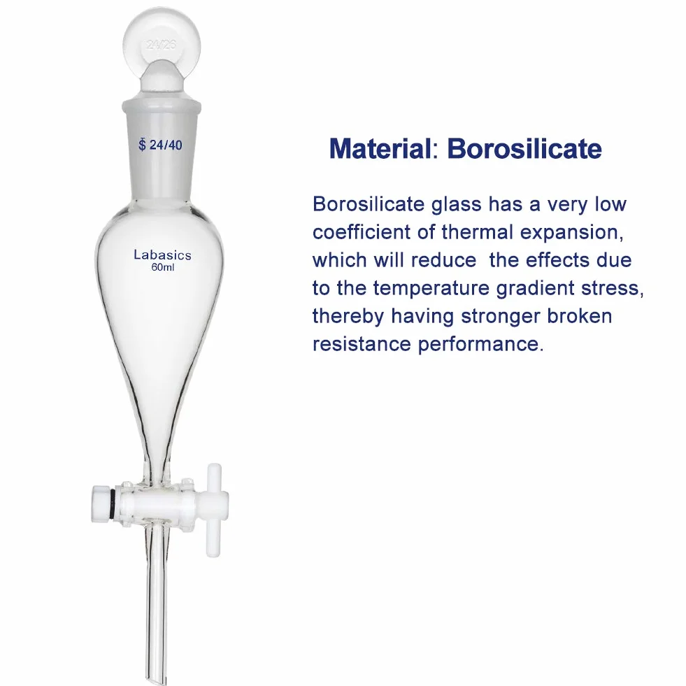 Labasics stożkowy rozdzielacz 60 ml szkło borokrzemowe z kurkiem odcinającym PTFE