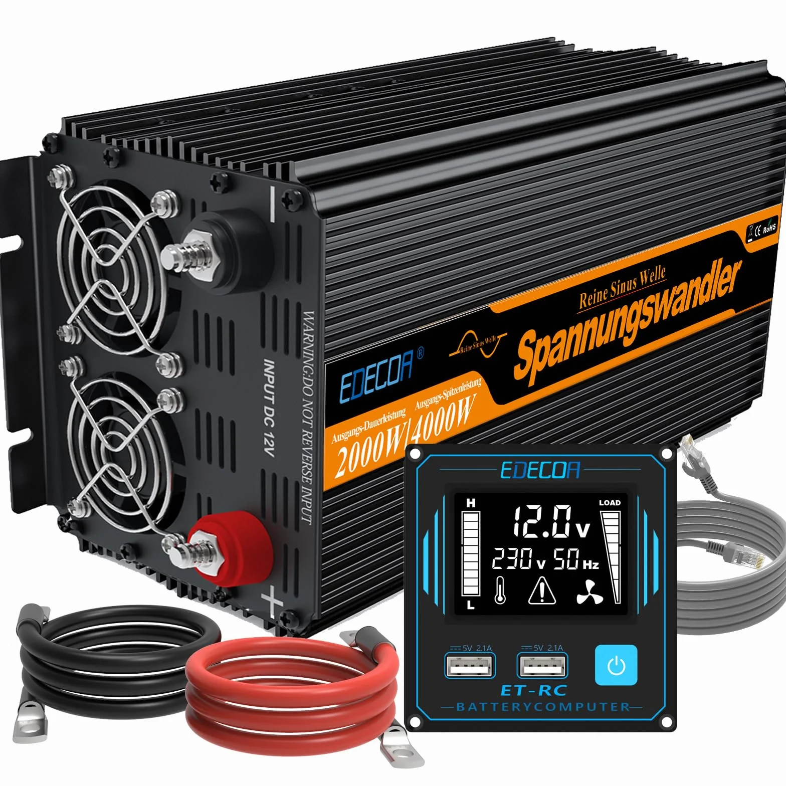 EDECOA Przetwornica 12V, 230V Czysty Sinus 2000W/4000W Falownik, napięcia samochodowa Konwerter, Inwerter Solarny z Pilotem LCD, Standardowe Gniazdo UE, Dostępne Interfejsy USB i Typu-C