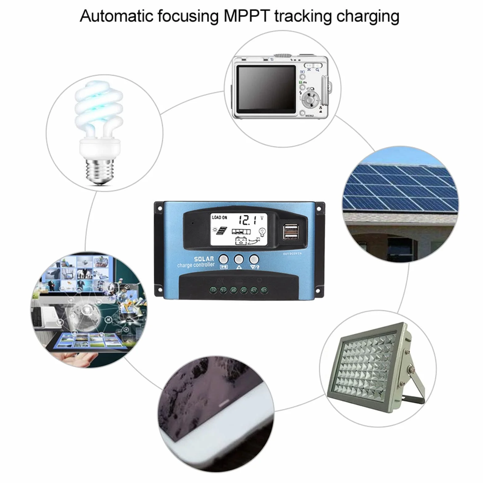 Akozon Solar Charge Controller MPPT Podwójny wyświetlacz LCD USB Ładowarka baterii słonecznej 60A