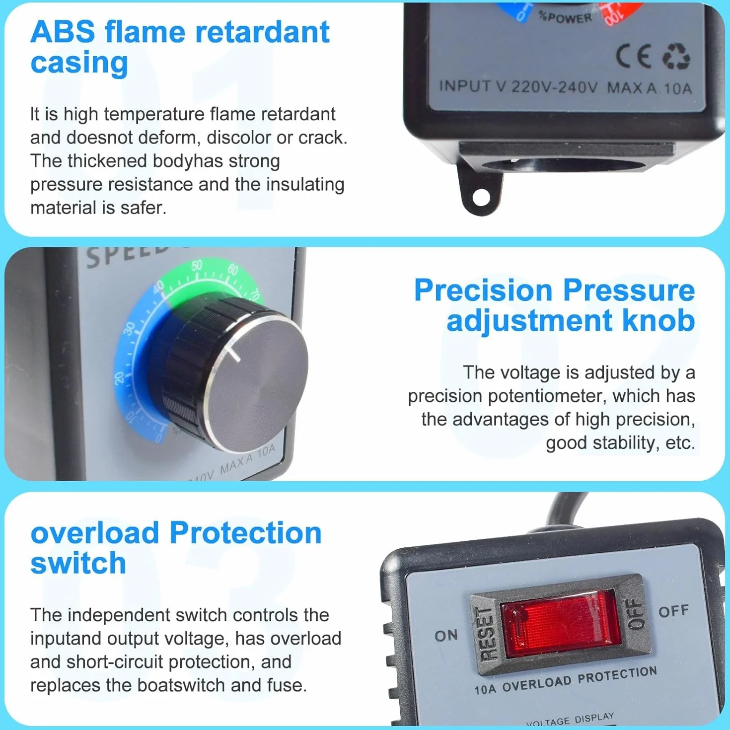 Qooloo Regulator prędkości obrotowej silnika AC 230 V, moc szczytowa 4000 W, do szlifierek kątowych/dmuchawy/wiertarek ręcznych/pił tarczowych, regulator napięcia
