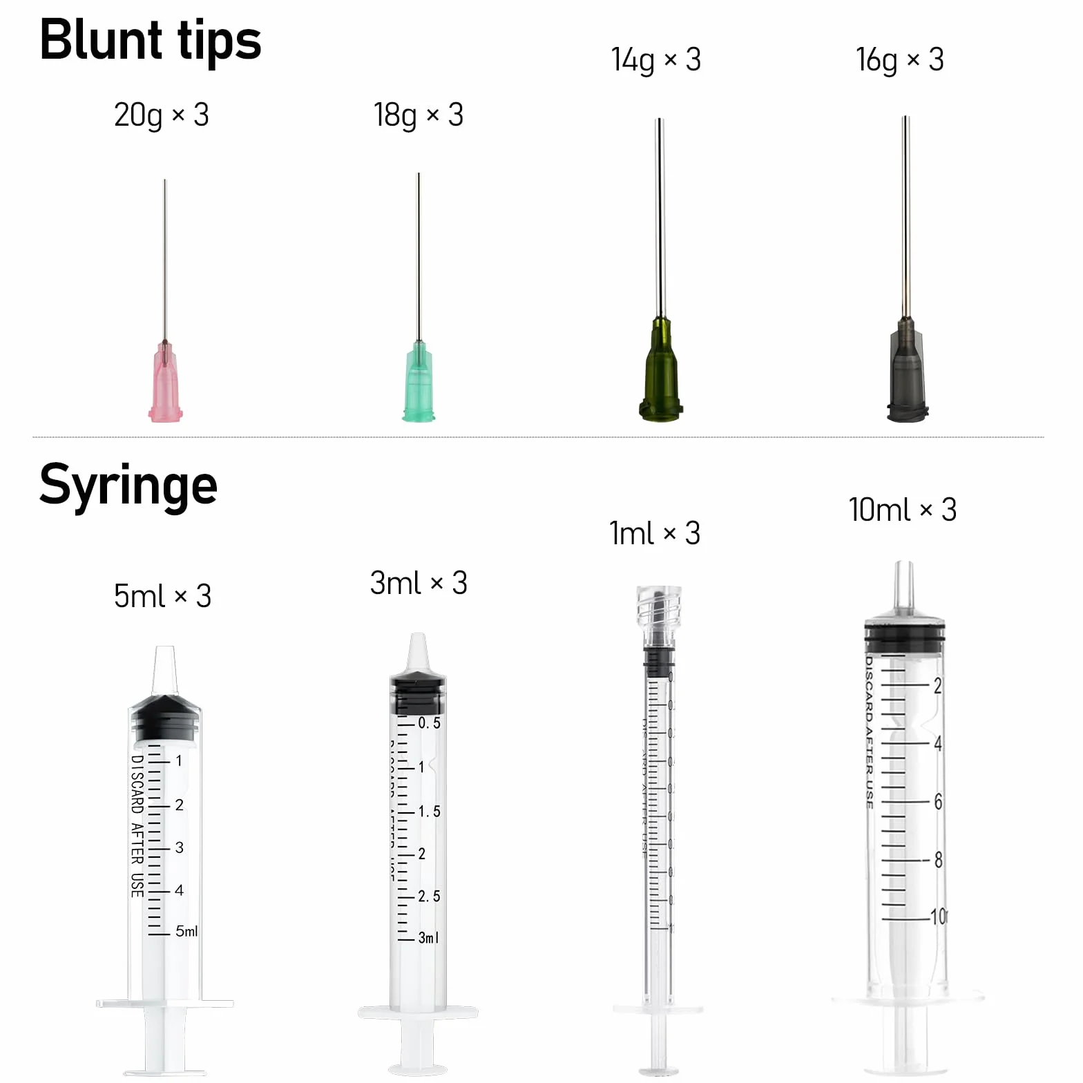 Zestaw strzykawek z tępymi igłami 1-10 ml 14-20 G