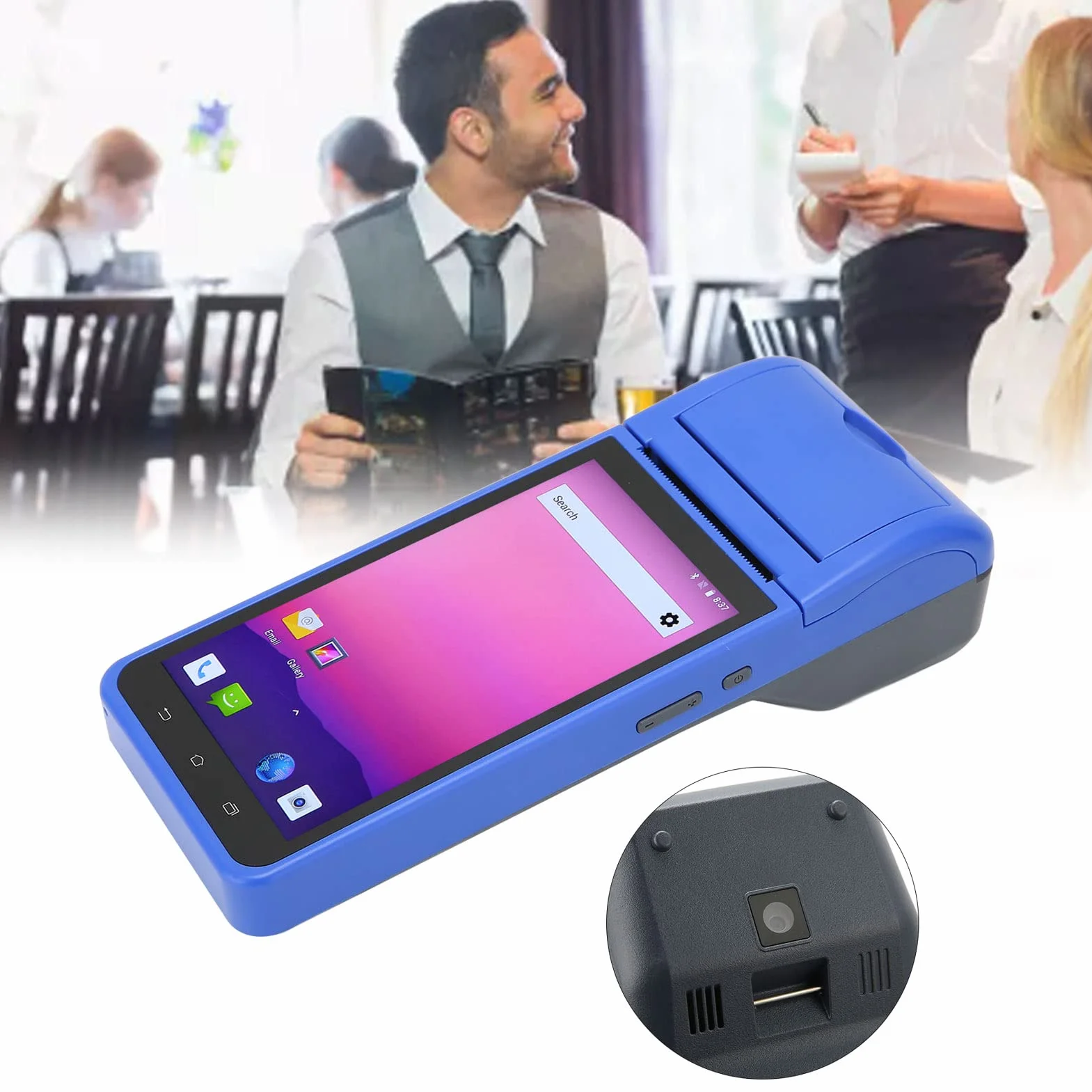 Drukarka Paragonów Biznesowych, Drukarka Termiczna 58 Mm z Ekranem Dotykowym Android OS 5,5", Obsługa Ręcznych Urządzeń POS 4G, Bluetooth, Wi-Fi dla Androida 8.1.0, dla Restauracji,(Niebieski)