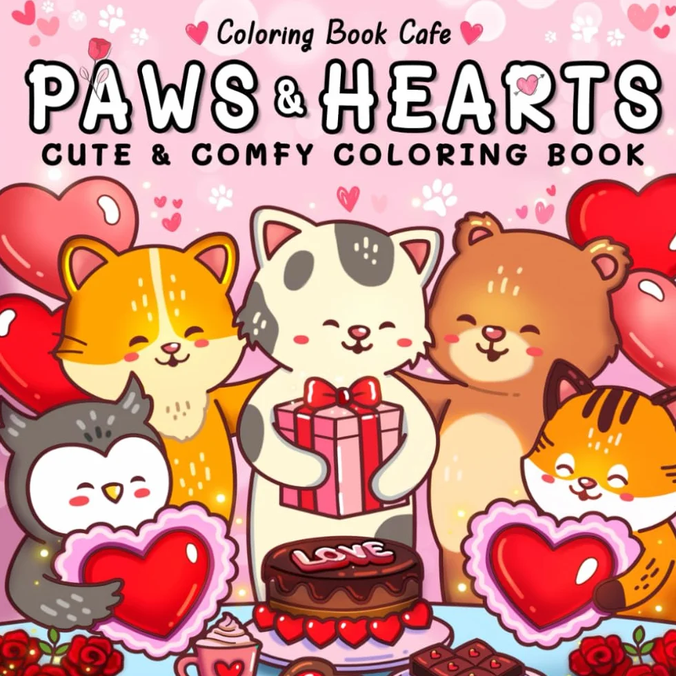 Paws & Hearts Coloring Book for Adults Teens Cozy Love Scenes Adorable Animals