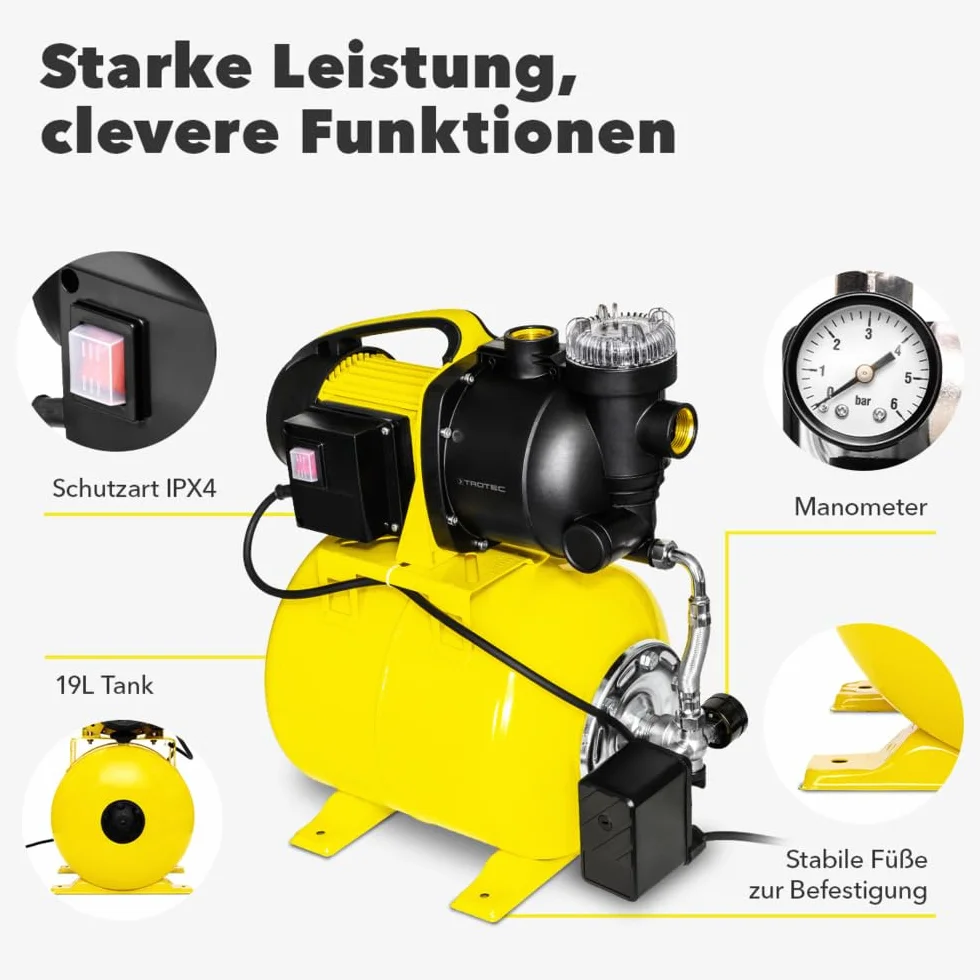 TROTEC TGP 1025 EF hydrofor domowy – pompa z filtrem wstępnym, moc 3500 l/h, 1000 W, wysokość tłoczenia 30 m – energooszczędna, Auto-Restart, Auto-Stop, do zaopatrzenia w wodę użytkową, nawadniania