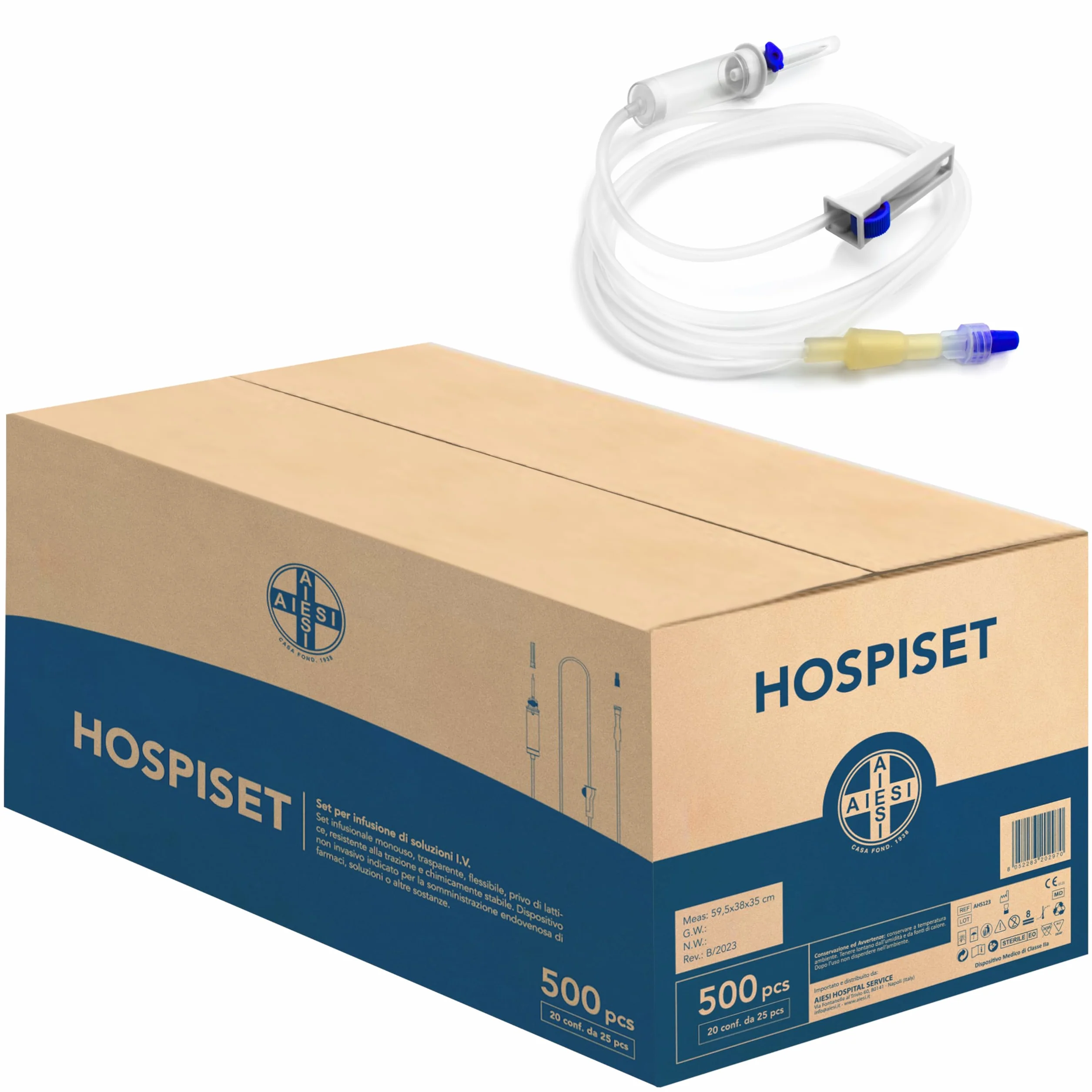 AIESI® Zestawy do Infuzji sterylne jednorazowe krople z połączeniem luer lock HOSPISET, (Opakowanie 500 sztuk), Bez lateksu, Bez igieł
