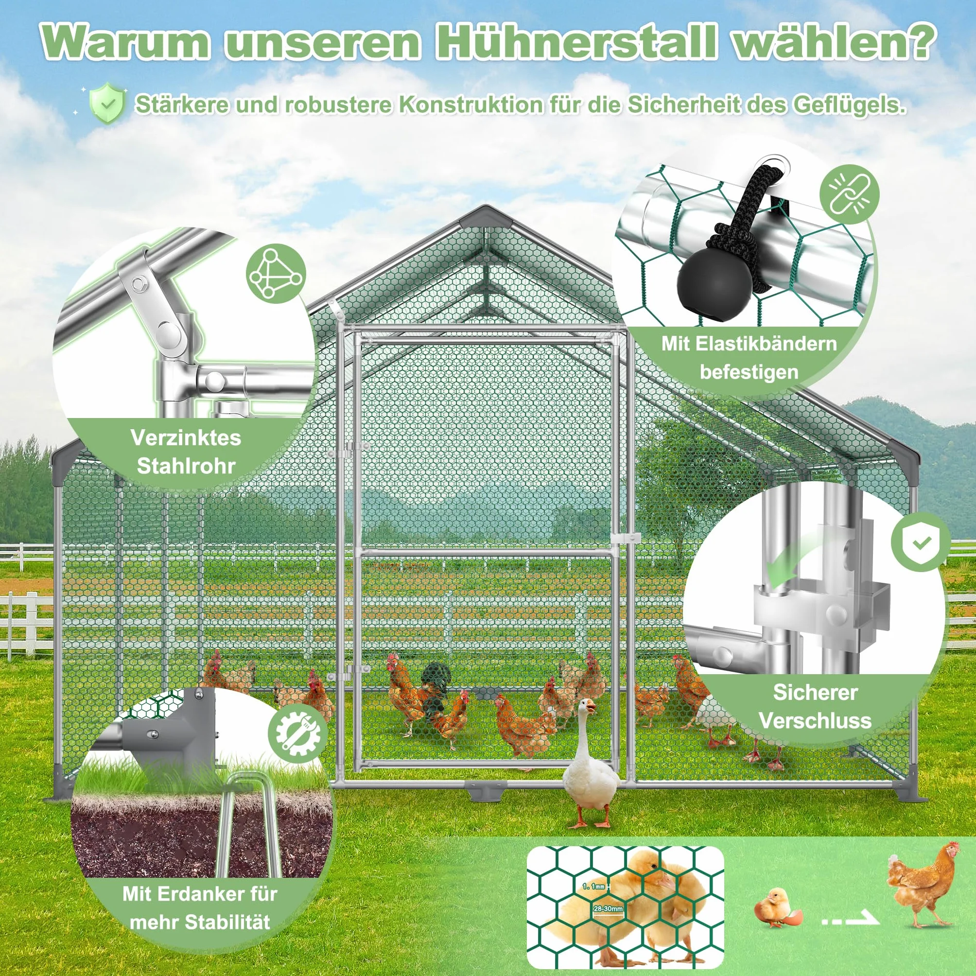 UISEBRT kurnik dla kur, domek dla kur hodowanych na wolnym wybiegu, klatka dla małych zwierząt, ocynkowana rama stalowa z dachem z polietylenu (PE), dla drobiu, królików (3 x 8 x 2 m)