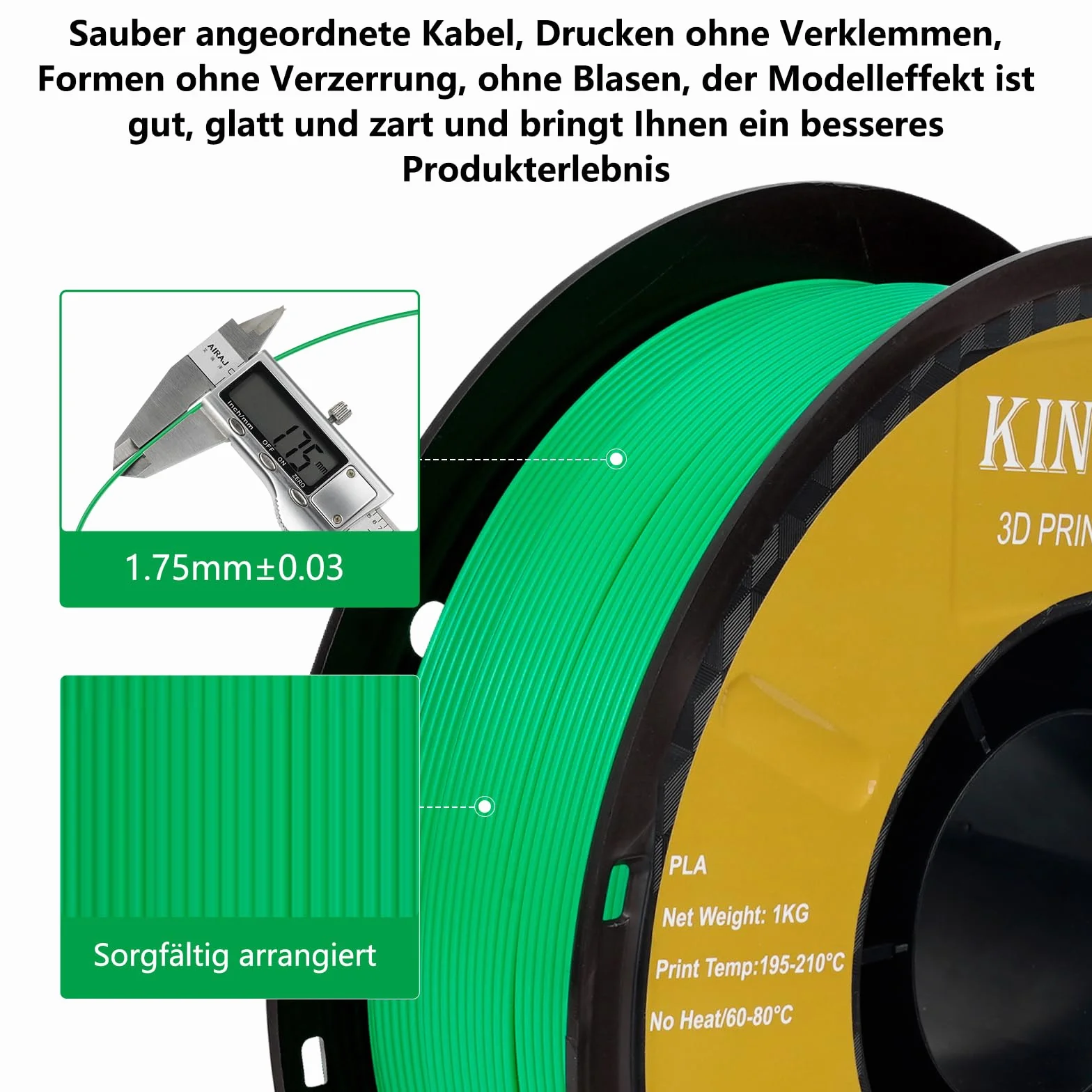 Kingroon Materiały eksploatacyjne do drukarek 3D PLA, dokładność wymiaru +/-0,03 mm, szpula 1 kg (2,2 lbs), 1,75 mm, zielone