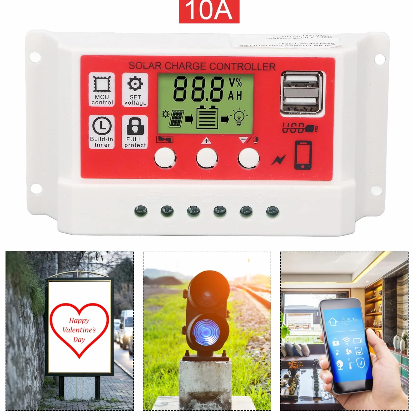 Kontroler akumulatora fotowoltaicznego, wysoka wydajność, inteligentny, 3-fazowy regulator obwodu PWM, regulator ładowania słonecznego 12 V/24 V do systemu zasilania (10 A)