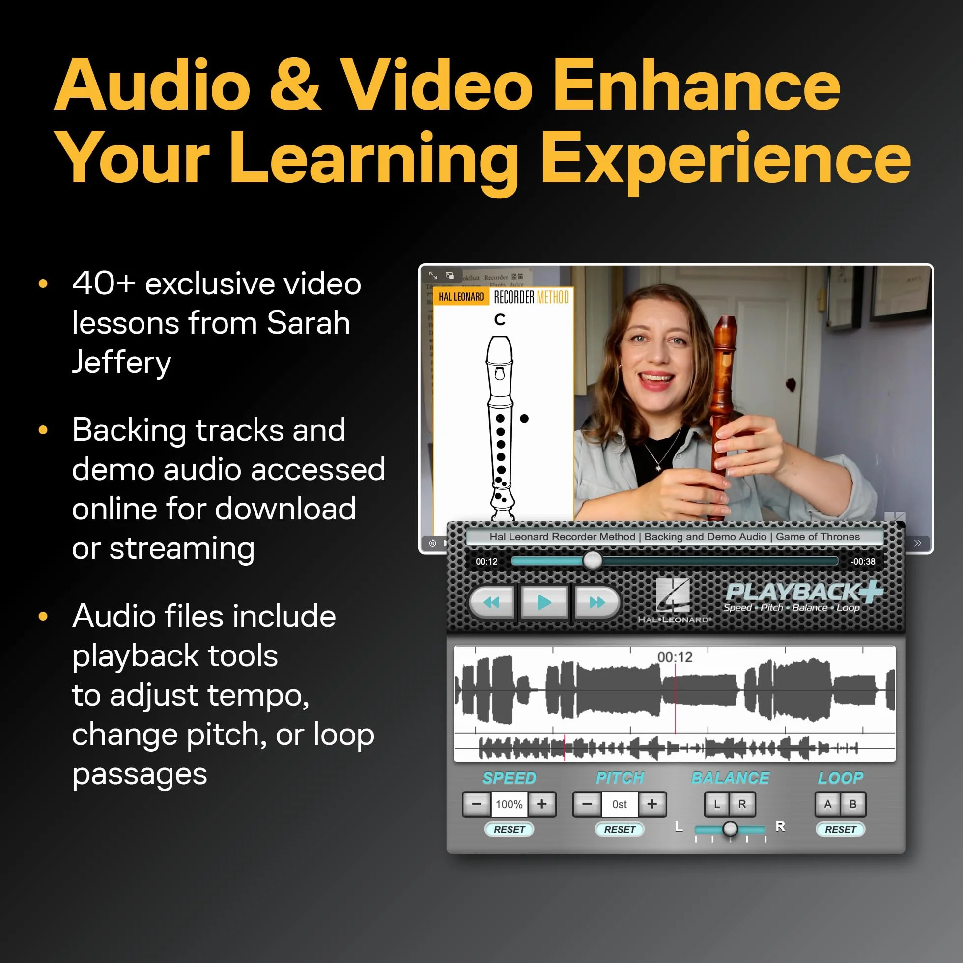 Hal Leonard Recorder Method by Sarah Jeffery - Book with 200+ Audio Demo & Backing Tracks & 40+ Video Lessons Included
