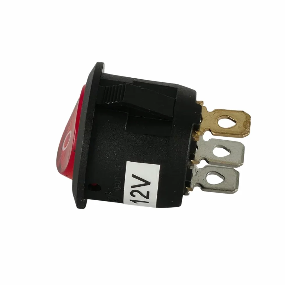 Przełącznik kołyskowy 12 V okrągły z diodami LED podświetlany na czerwono – włącznik/wyłącznik dźwigienkowy Ø 20 mm do montażu – 3-biegunowy 6 A (do 10 A) – lampka kontrolna LED – przełącznik do