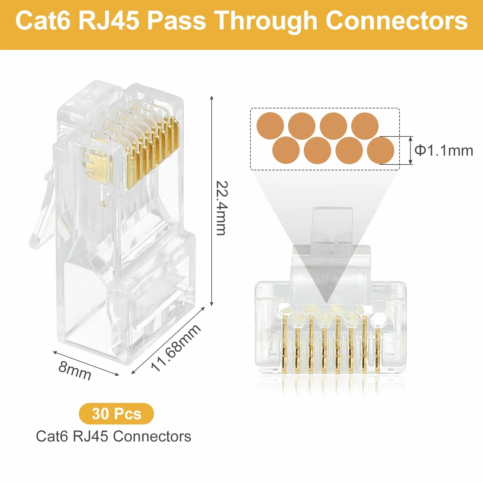 QUARKZMAN 30 szt. Złącza RJ45 Pass Through Cat6, złącze Crimper RJ45 8P8C ze złotem do pełnego lub skręconego kabla Ethernet UTP