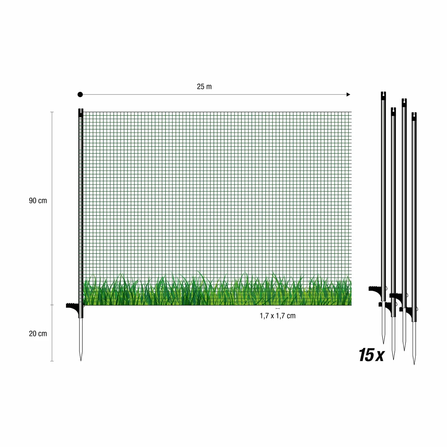 horizont Ogrodzenie graniczne FLEX, 25 m długości i 90 cm wysokości, małe oczka, mobilne specjalne ogrodzenie z 15 oddzielnymi słupkami z włókna szklanego, siatka ogrodowa, ogrodzenie dla psów,