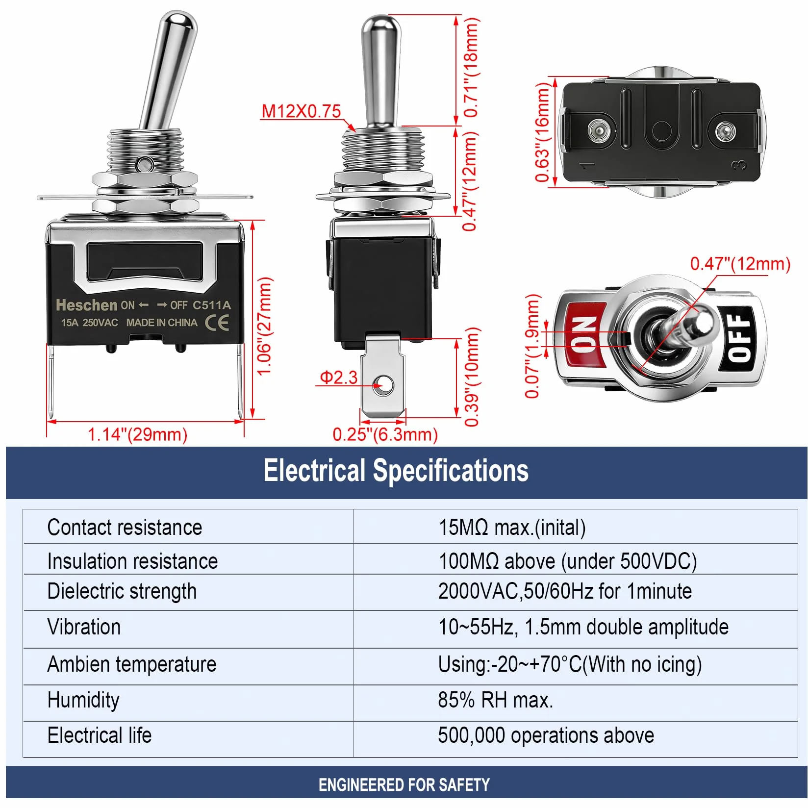 Heschen Metalowy przełącznik SPST z 2 zaciskami połączeniowymi i wodoodporną osłoną 15 A 250 V AC