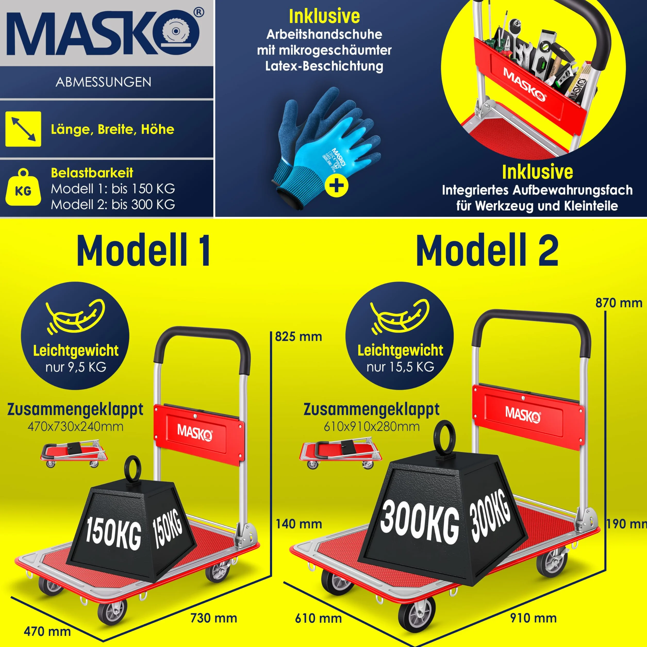 MASKO® Wózek z Platformą Transportowy, Składany z Rękawicami Roboczymi, Hamulec Postojowy, 6 Oczek Zabezpieczających, Kółka Skrętne 360°
