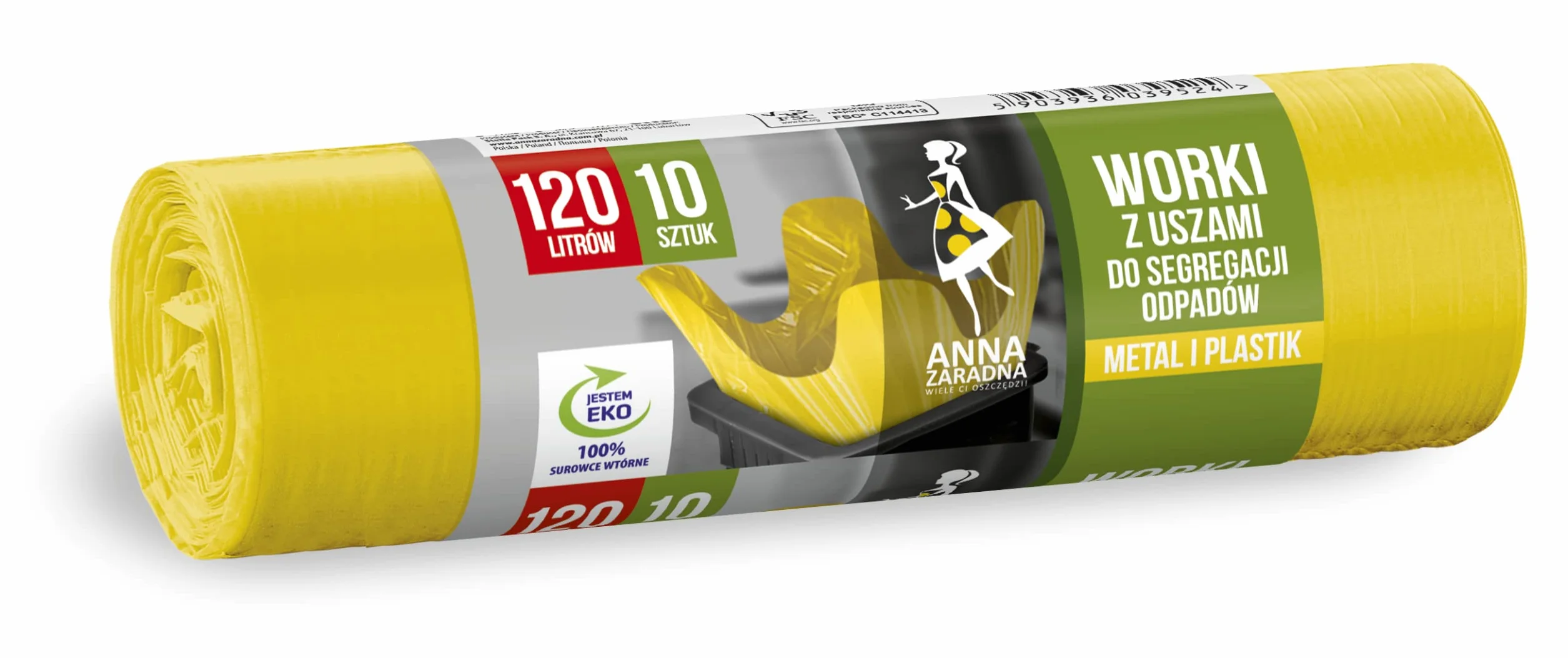 Anna Zaradna Worki z uszami do segregacji odpadów PLASTIK, METAL 120L 10szt żółte