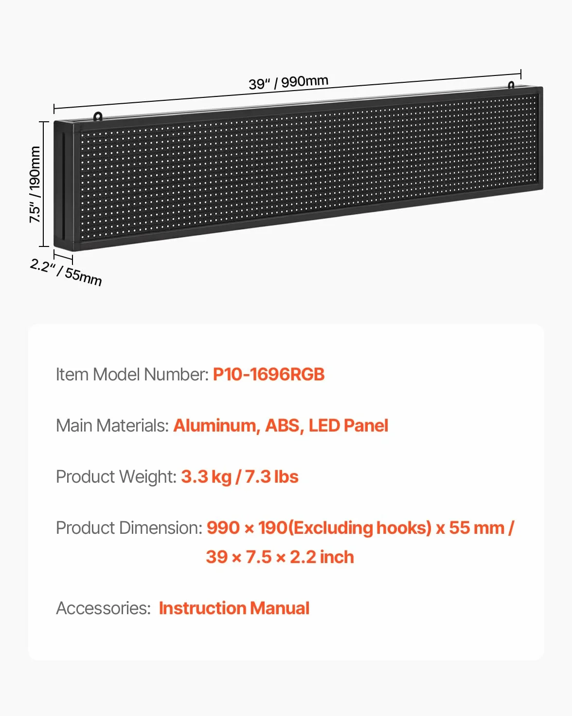 VEVOR Kolorowy elastyczny przesuwny panel cyfrowy P10 programowalny panel LED, panel wyświetlacza DIY, spersonalizowany wzór tekstu, sterowanie aplikacją Bluetooth GIF, 990 x 190 x 55 mm