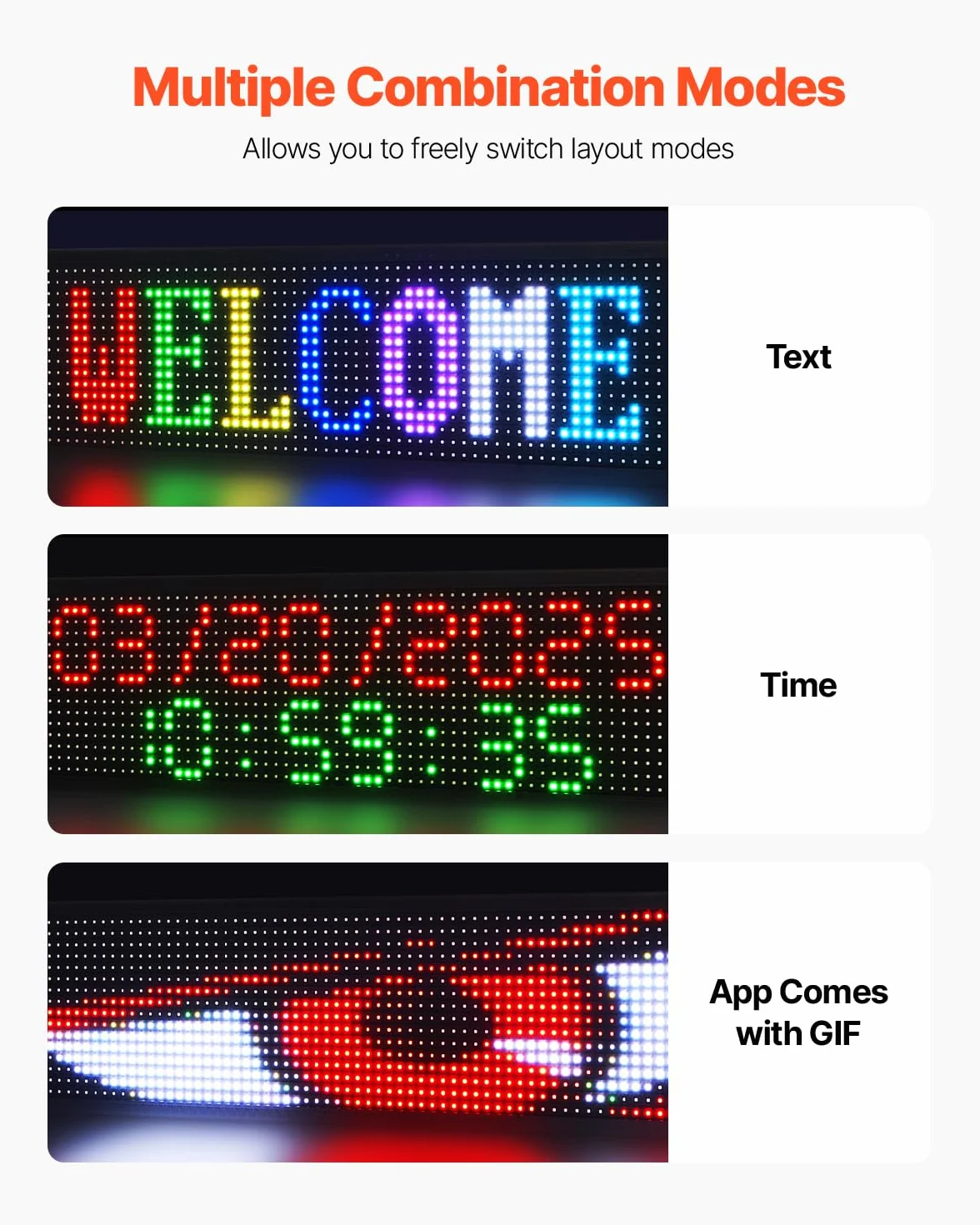 VEVOR Kolorowy elastyczny przesuwny panel cyfrowy P10 programowalny panel LED, panel wyświetlacza DIY, spersonalizowany wzór tekstu, sterowanie aplikacją Bluetooth GIF, 990 x 190 x 55 mm
