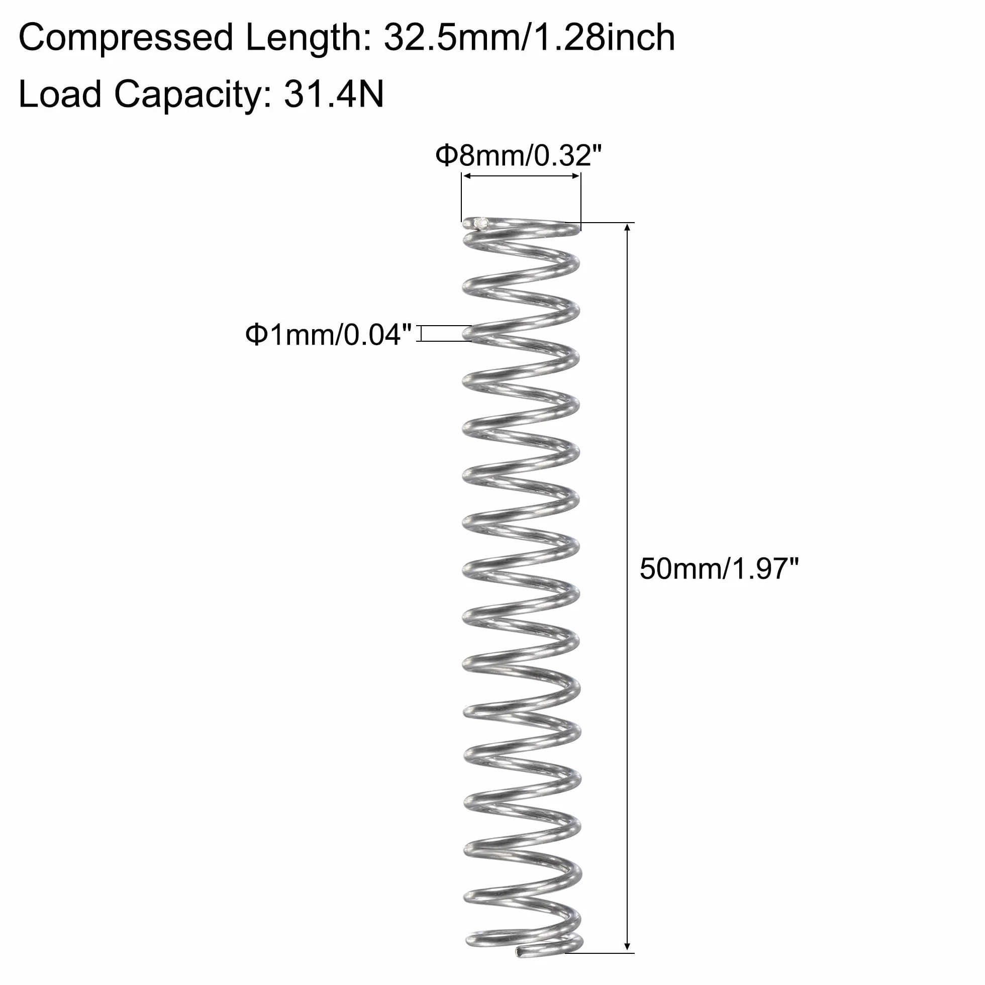 Sprężyna kompresyjna ze stali nierdzewnej 304 Ø 8 mm drut 1 mm długość 50 mm nośność 31,4N 10 sztuk