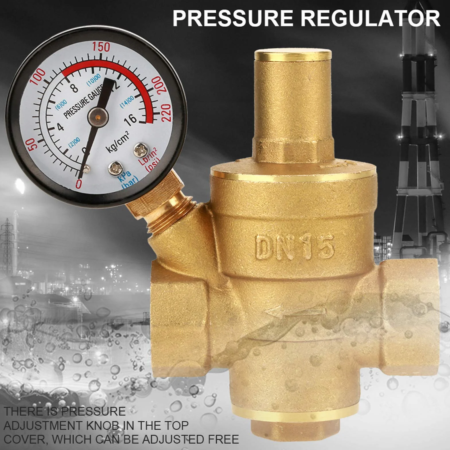 Regulator ciśnienia wody, DN15 mosiądz regulowany regulator ciśnienia wody reduktor G gwint z miernikiem miernika akcesoria do elektronarzędzi 62 mm x 90 mm