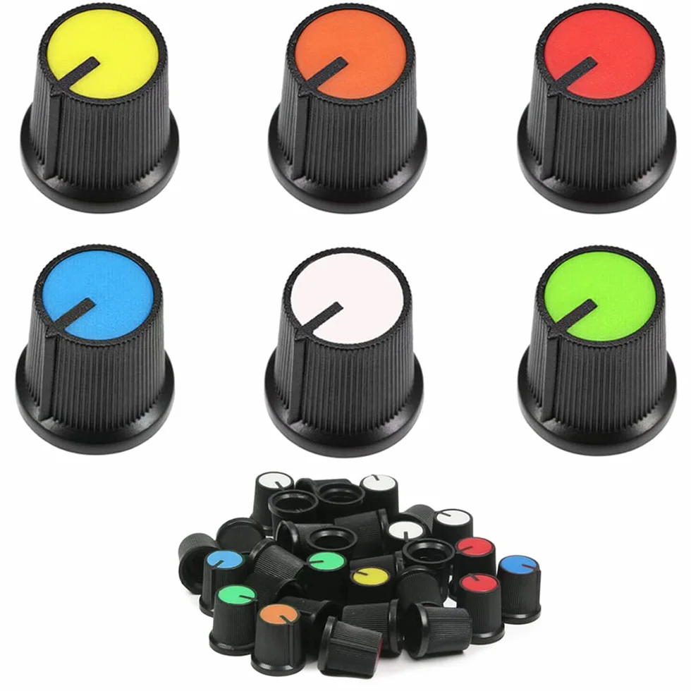 Xiatiaosann 60 sztuk regulator potencjometru 6 mm wał radełkowany otwór potencjometr regulator głośności nasadka pokrętła 13 x 17 mm kolor biały, niebieski, czerwony, żółty, zielony, pomarańczowy
