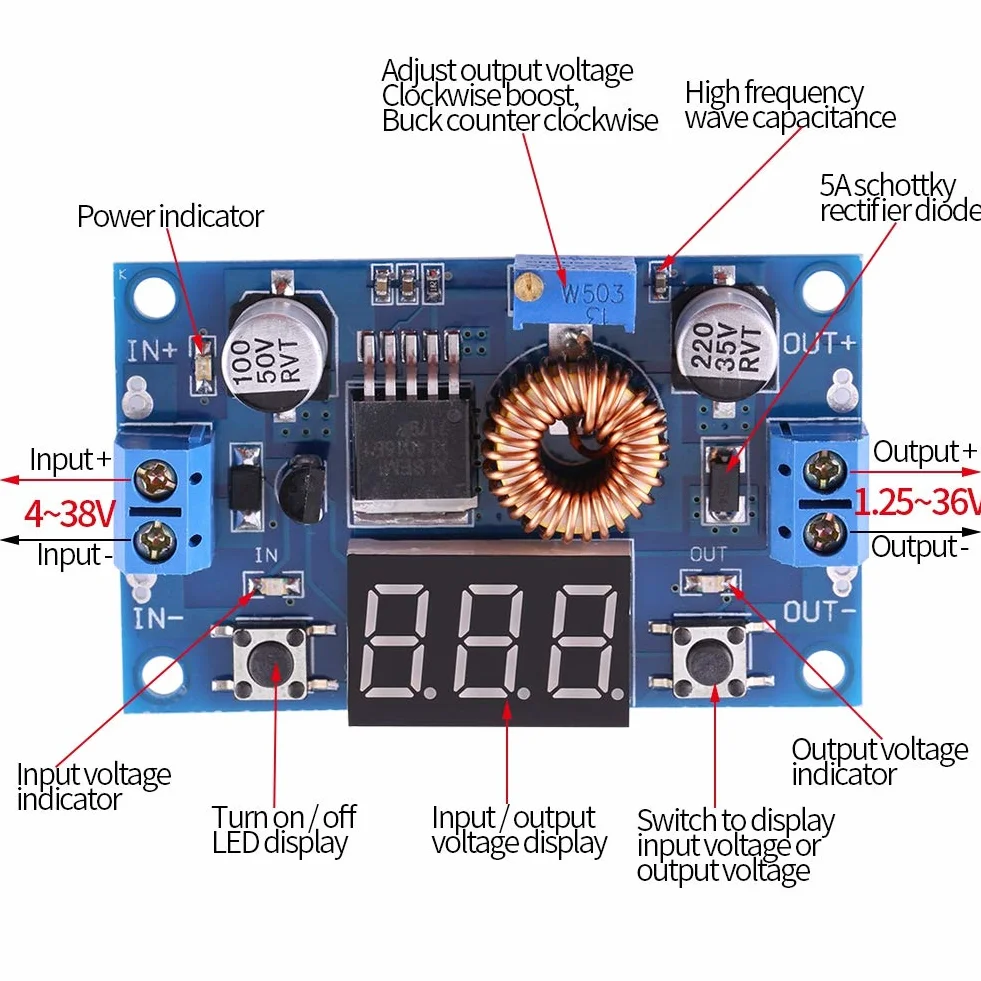 Fydun moduł obniżający napięcie DC-DC 5A 4-38V do 1.25-36V regulowany