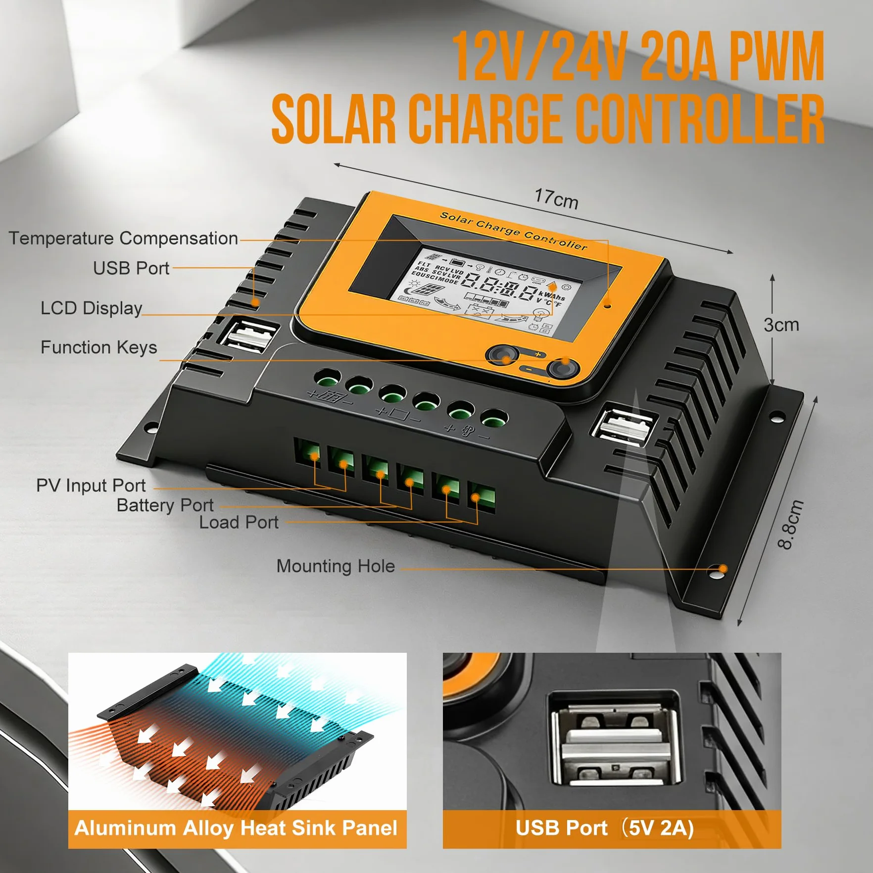 Regulator ładowania solarnego PWM 20A 12V 24V z czujnikiem temperatury 4 porty USB 520W