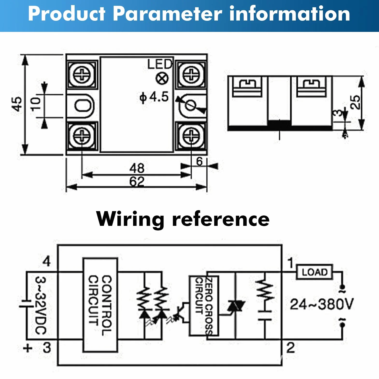 Jadeshay Przekaźnik półprzewodnikowy, jednofazowy moduł przekaźnika półprzewodnikowego SSR-25DA DC do AC 3-32 V DC Wejście 24-480 V AC (rozmiar: 25A)