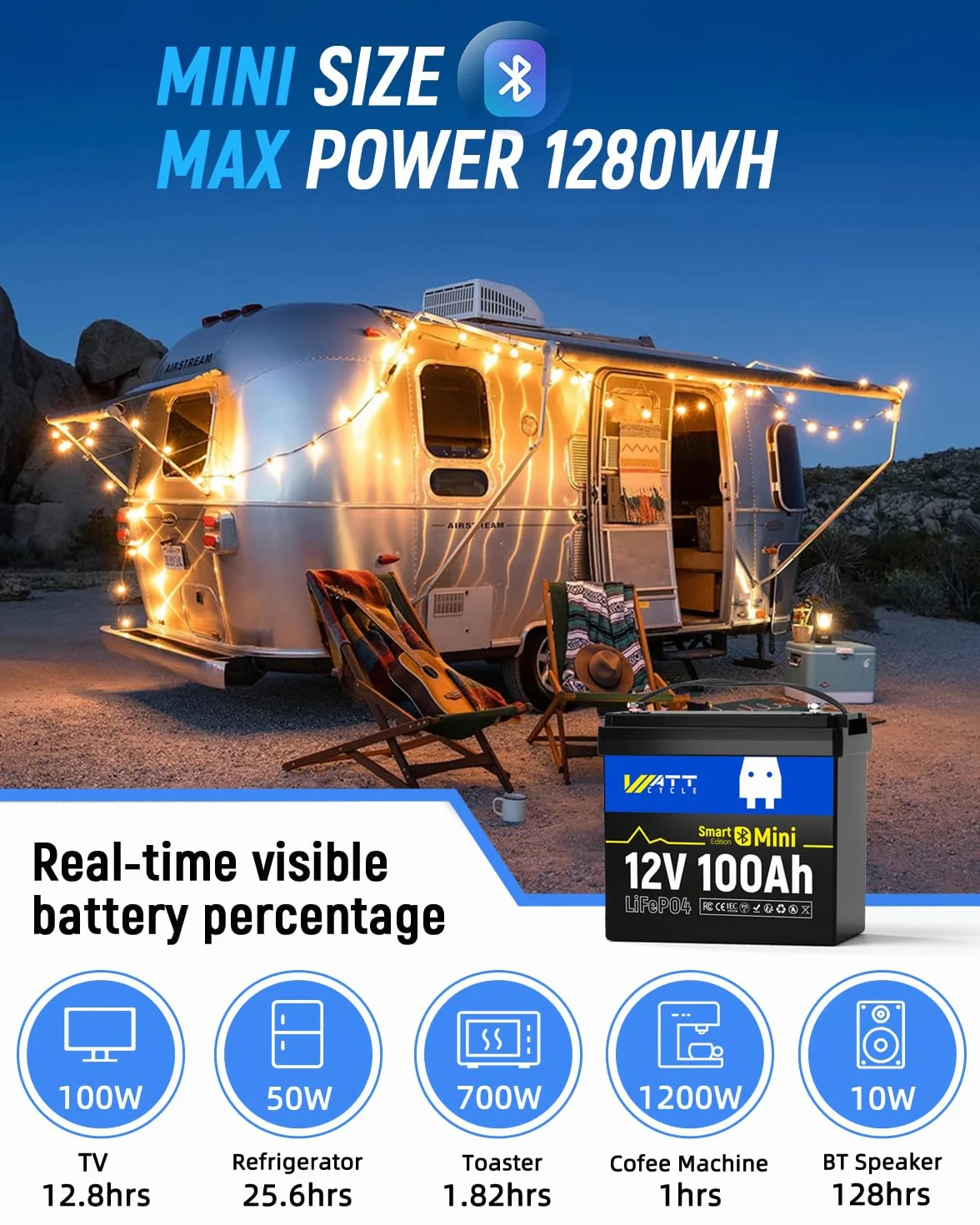 WattCycle Bateria litowa 12V 100Ah LiFePO4 z Bluetooth BCI Group 24 Smart BMS 15000 cykli