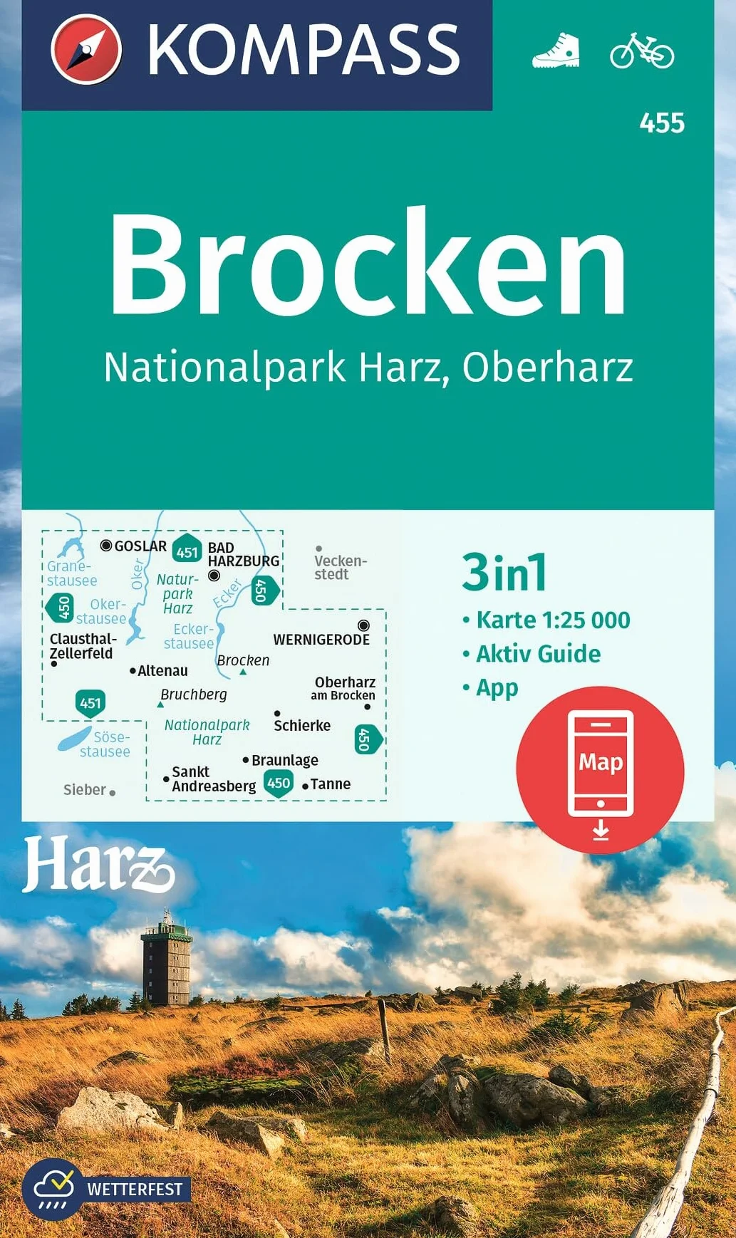 KOMPASS Wanderkarte 455 Brocken Nationalpark Harz 1:25.000 3in1 mit Aktiv Guide