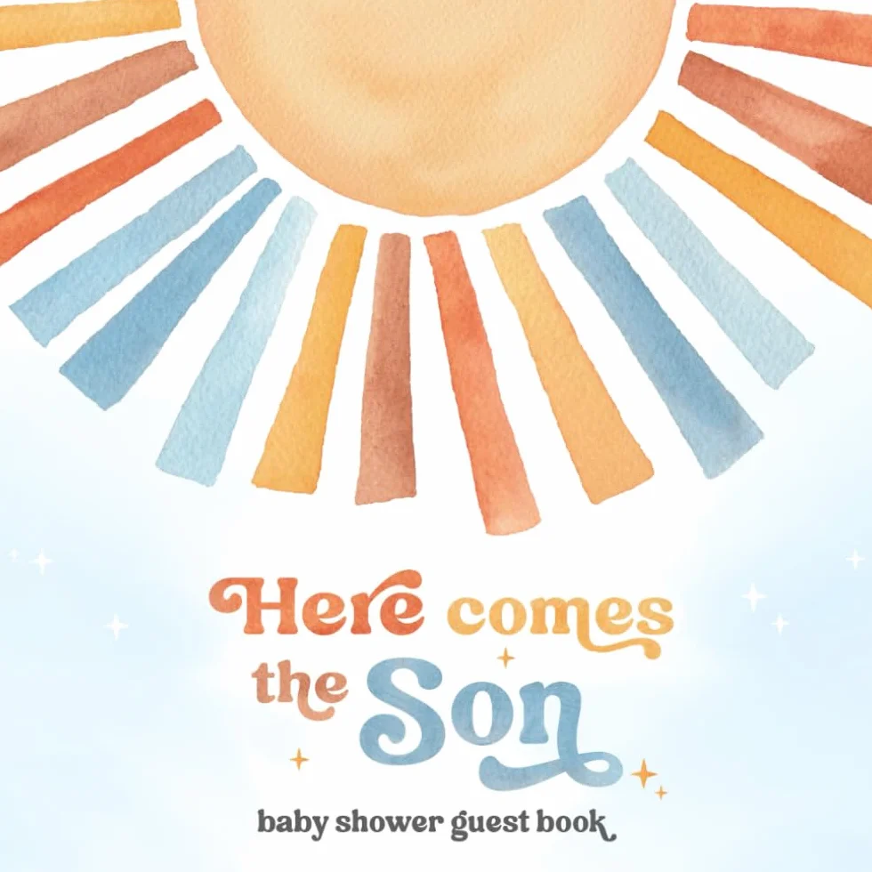 Here Comes The Son Baby Shower Guest Book: Gift Log, Wishes for Newborn, Birth Predictions, Keepsake Photo Pages - Retro Sunshine Theme for Boy