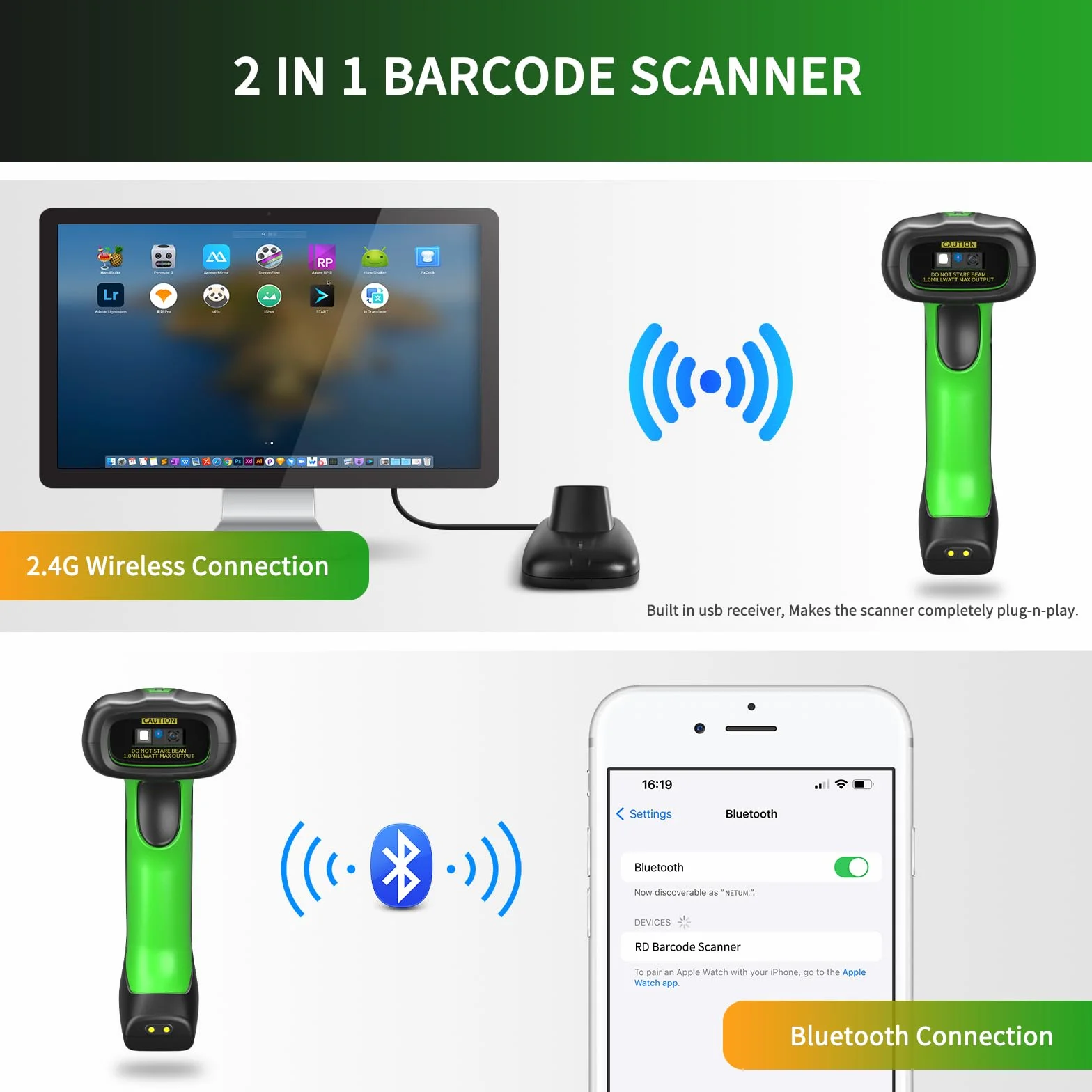 NETUM Skaner kodów QR Bluetooth 2D 1D 2600 mAh NT-1900